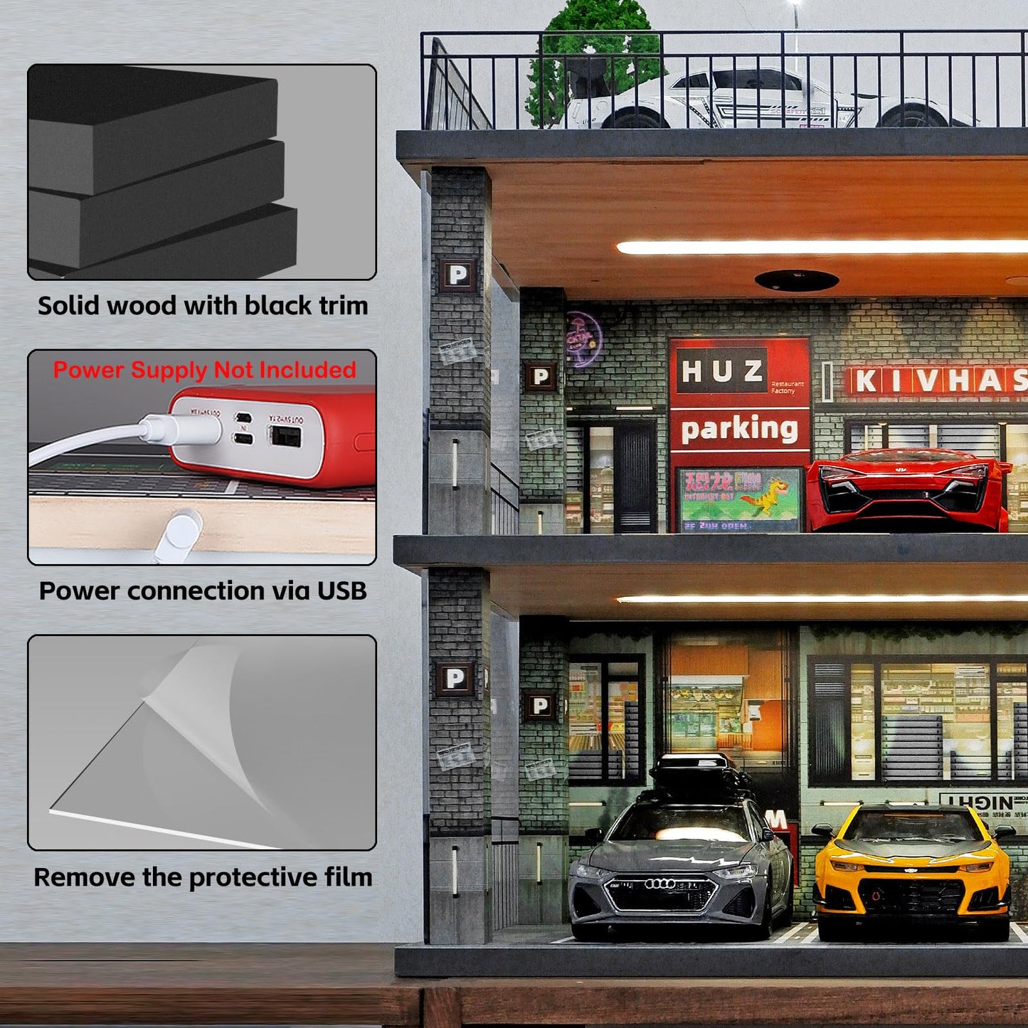 kivcmds 1:24 Scale Diecast Model Car Display Case Cabinet with USB Lights and Acrylic Cover,Diorama Garage for Sport Cars and Lego Speed Champions Car Collectibles