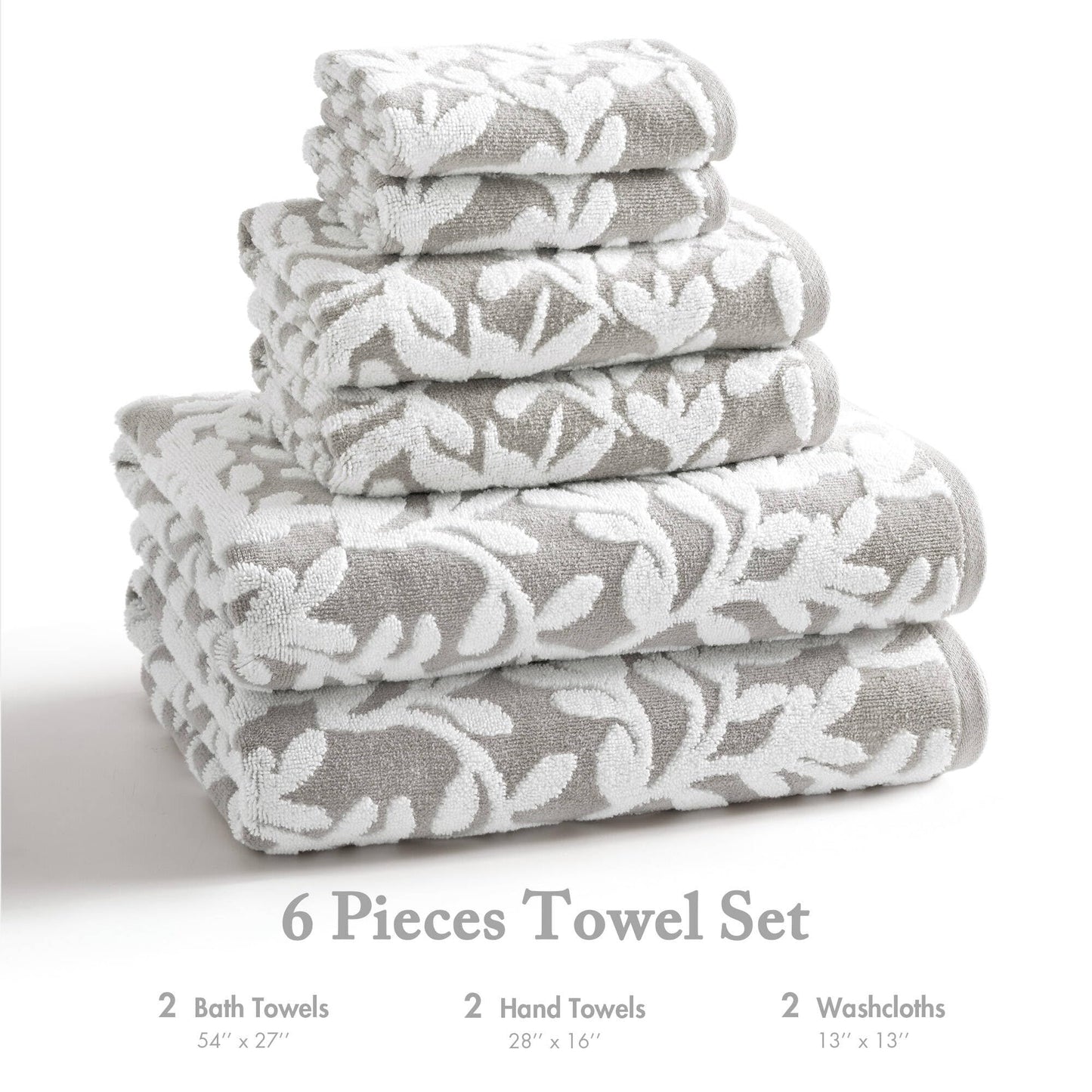 Madison Park Floral Decorative Towel Set of 6, Zero Twist Cotton Bath Towel Set with Botanical Leaf Pattern, Soft Absorbent Quick Dry Bathroom Towels, Bath Hand Washcloth Set, Grey