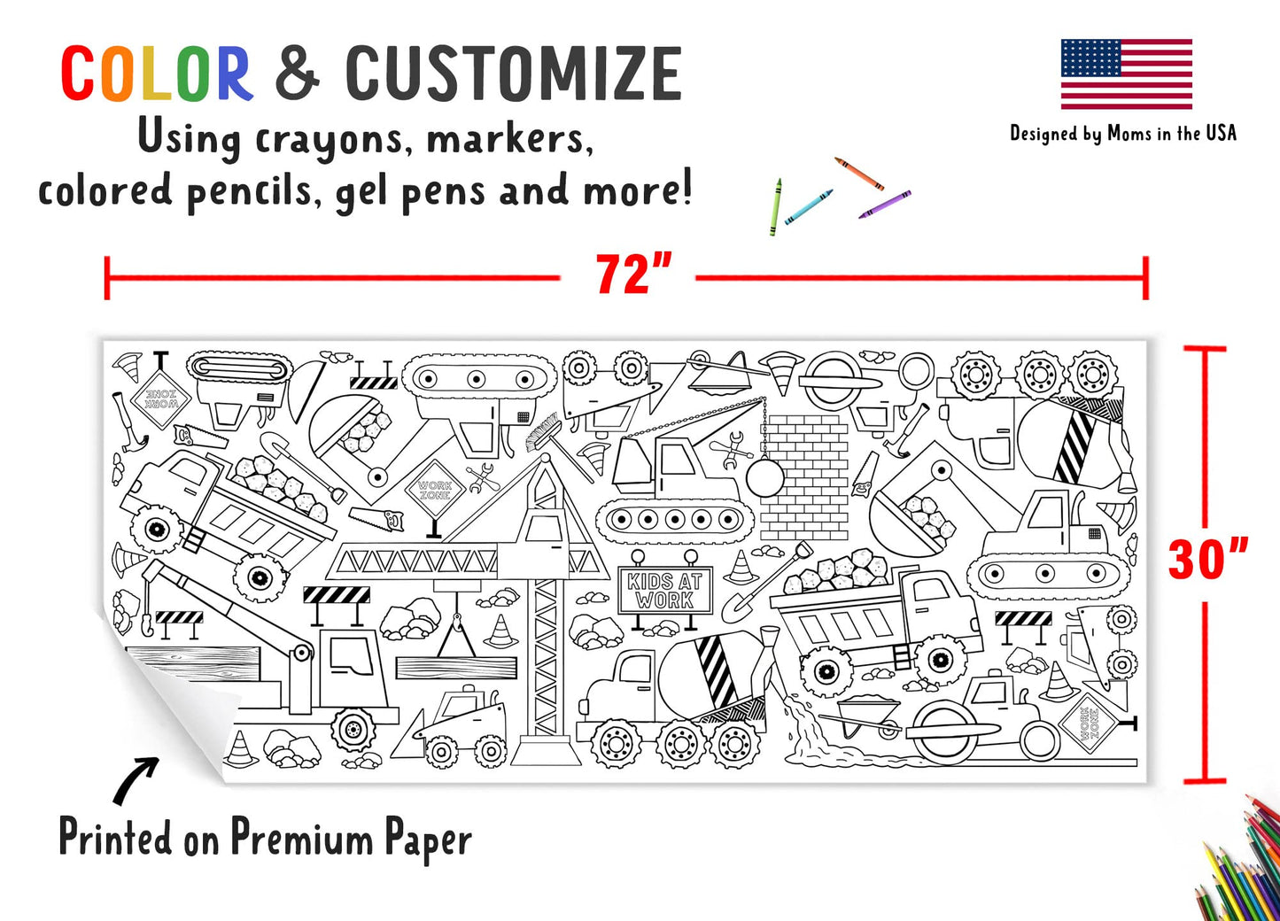 Tiny Expressions Giant Coloring Banner for Kids - Rolled, Not Creases - Coloring Table Cloth for Kids Activity - Construction Truck