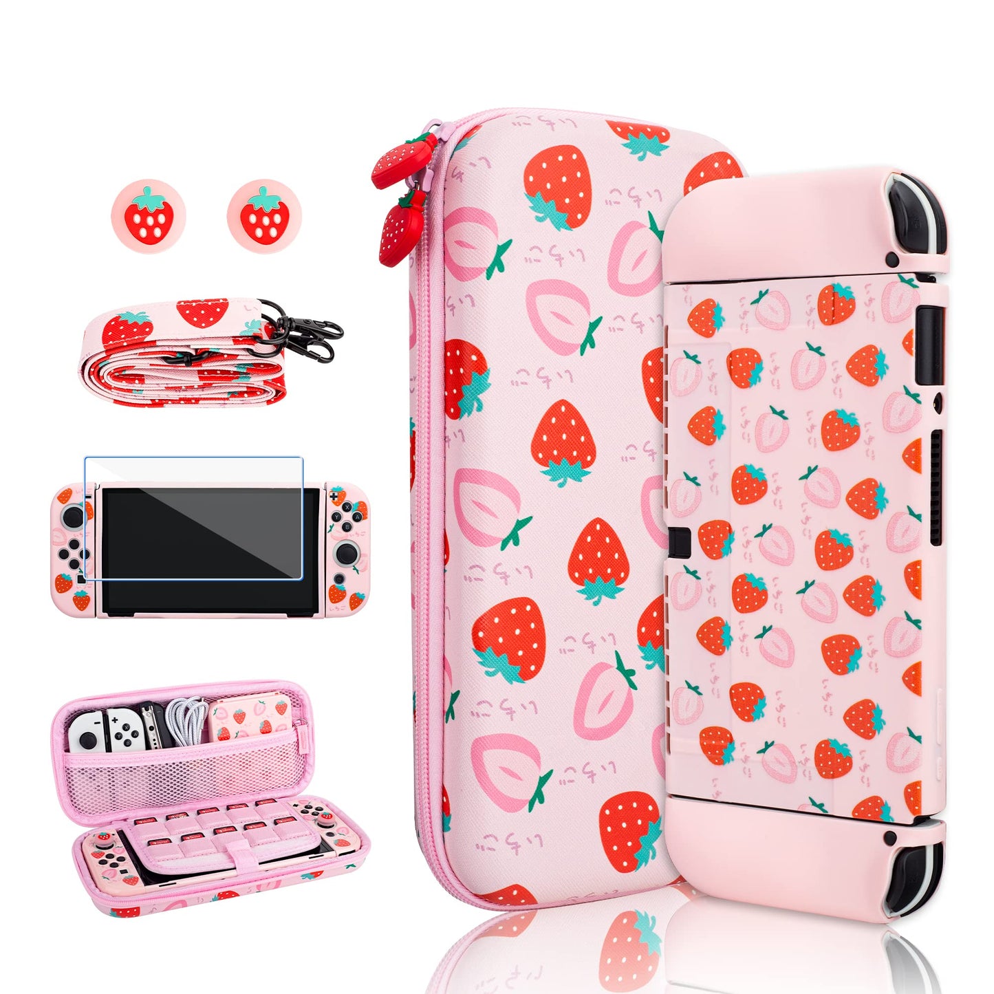 RHOTALL Strawberry Theme Carrying Case Set for Nintendo Switch OLED, Cute Accessories Bundle for Switch OLED with TPU Protective Shell, Adjustable Shoulder Strap, Screen Protector and 2 Thumb Caps