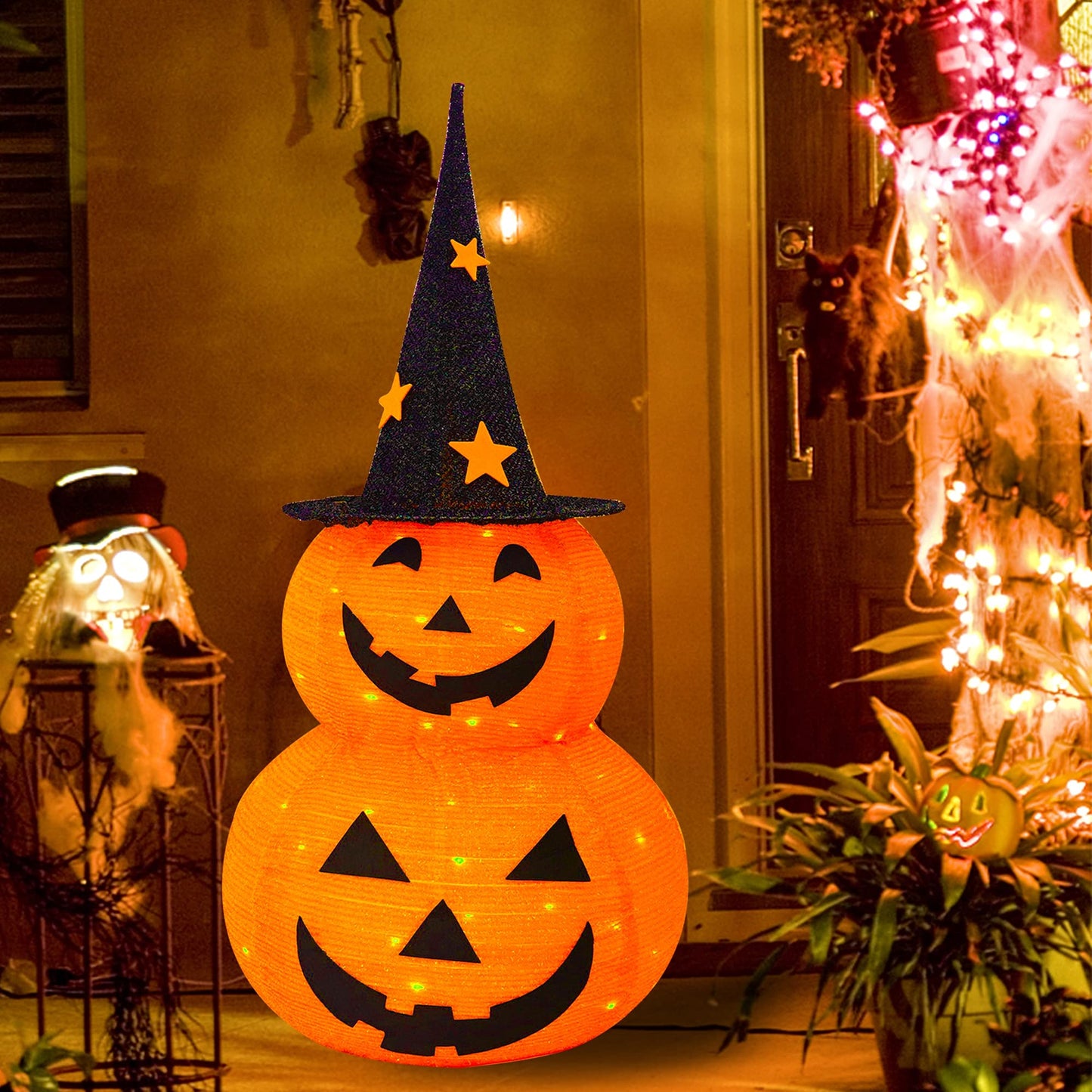 FUNPENY 3FT Halloween Collapsible Pumpkin Decorations, Pre-Lit Light Up 50 LED Pumpkin with Star Hat 8 Lighted Mode, Pop Up Jack-o-Lantern with Metal Stand for Indoor Outdoor Yard Holiday Decor