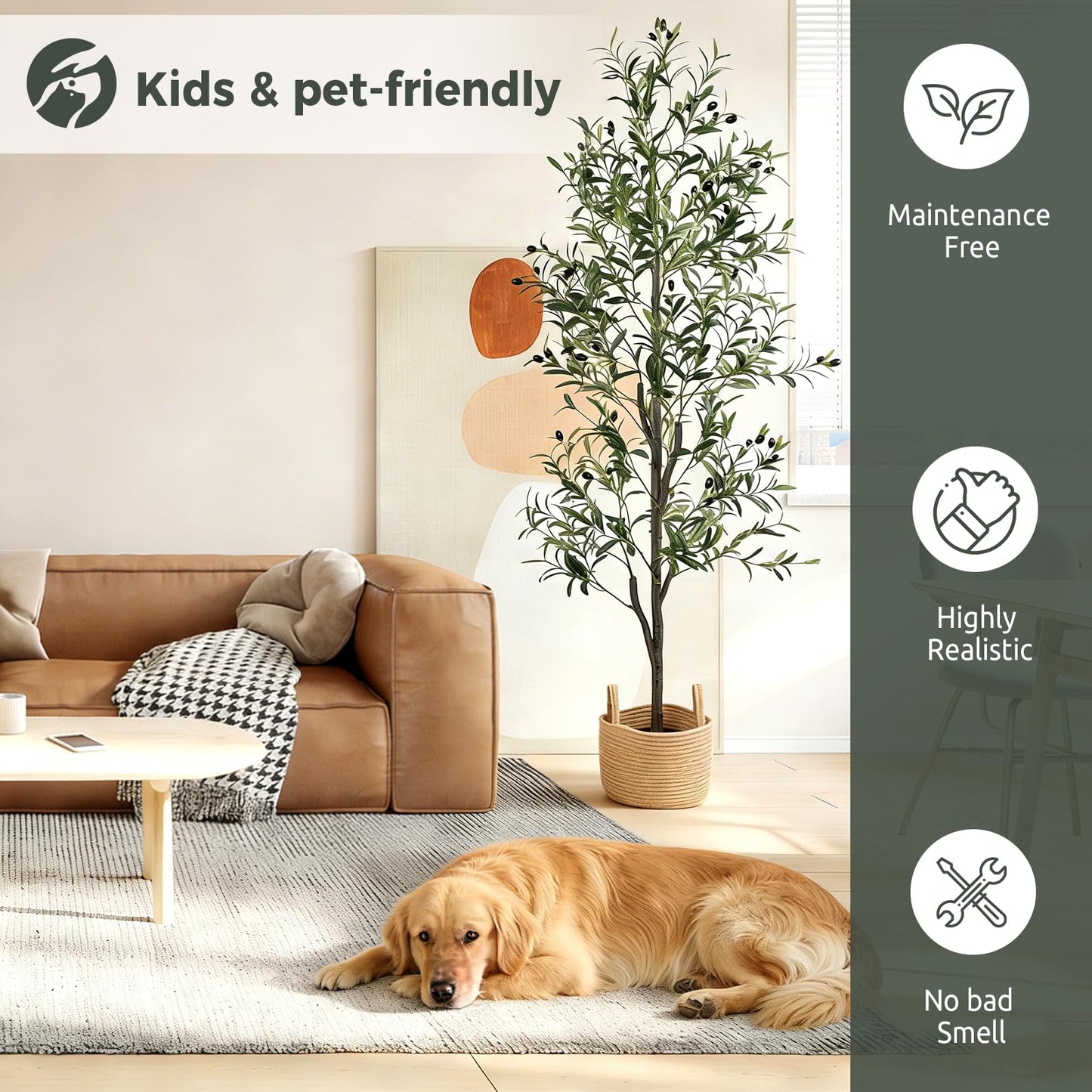 Zynaro Olive Trees Artificial Indoor 6FT, Faux Olive Tree with Woven Basket & Natural-Looking Wood Trunk, Realistic Leaves & Fruits, Maintenance-Free Tall Fake Olive Tree for Modern Home Office Decor