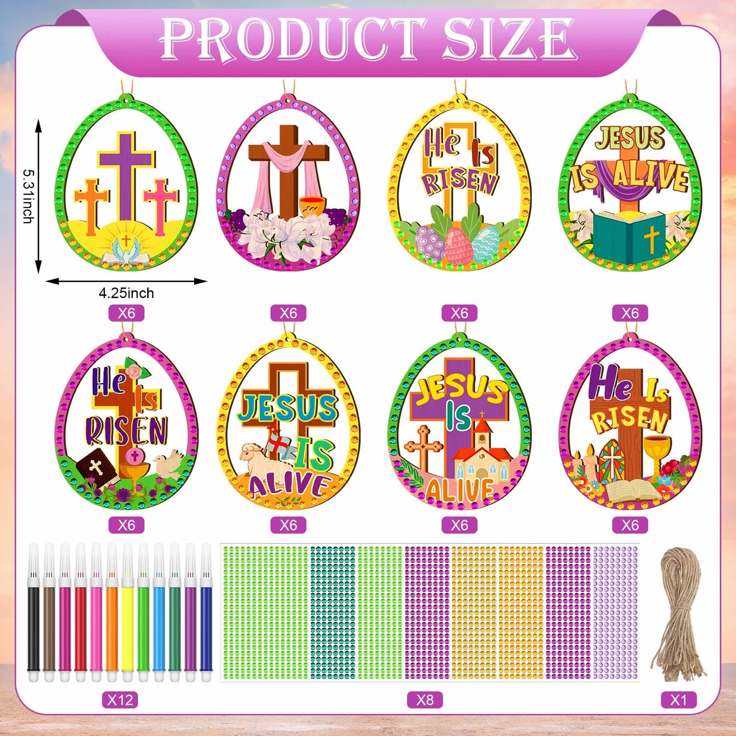 Wovnet 48 Pcs Wooden Craft Kit Make Your Own Ornaments Christian Religious Craft with Gem Sticker for Holiday Church Party Decoration Supplies (Mother's Day)