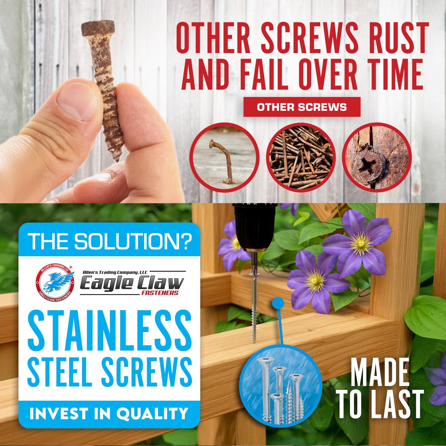 #8 x 1 5/8 Inch Stainless Steel Wood Screws | 304 Grade (1750 Pack) | Flat Head T20 Star Torx Drive | Stainless Wood Screws by Eagle Claw Fasteners | Corrosion & Rust Resistant (Includes 2 Driver Bit)