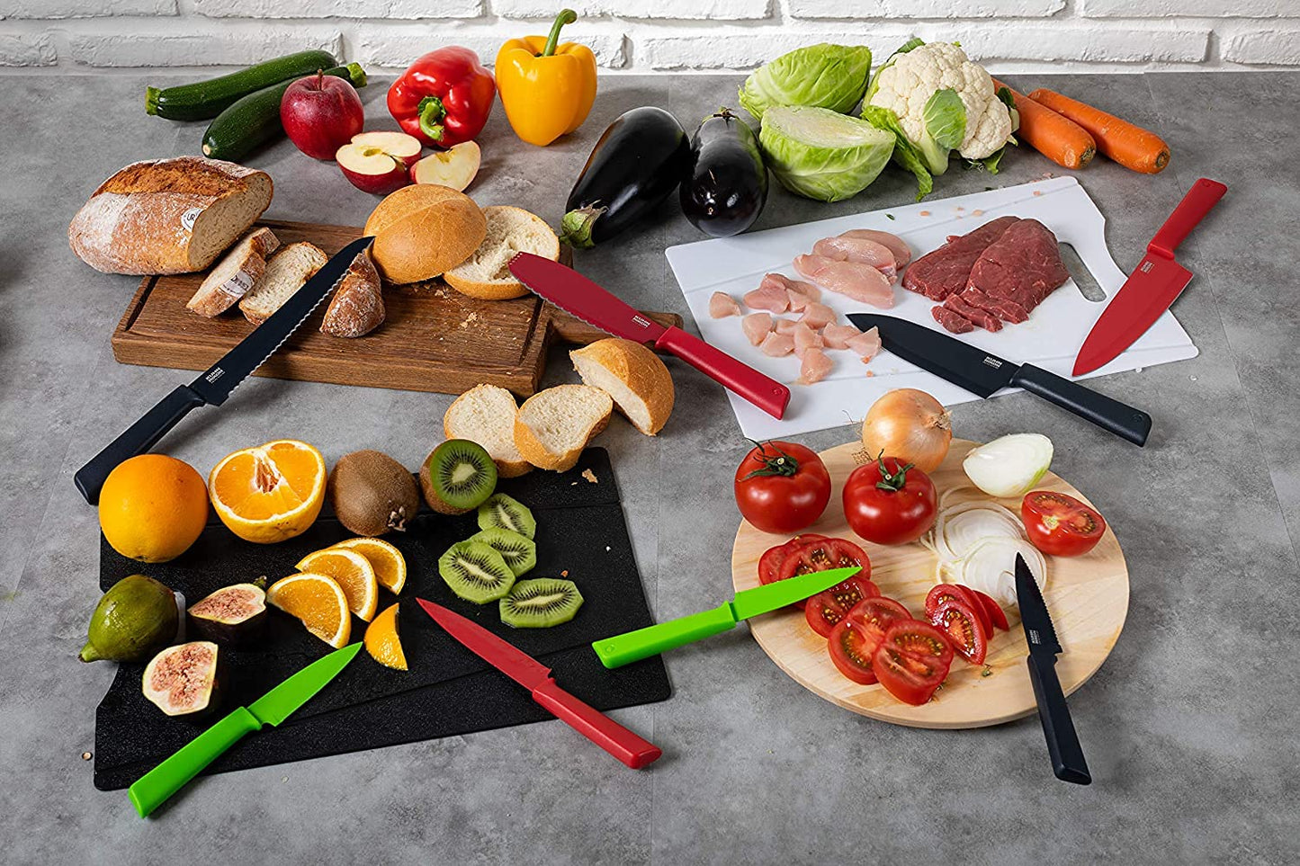 Kuhn Rikon COLORI+ Mixed Knife Set with Non-Stick Coating and Safety Sheaths, Set of 3, Green, Red and Graphite Grey