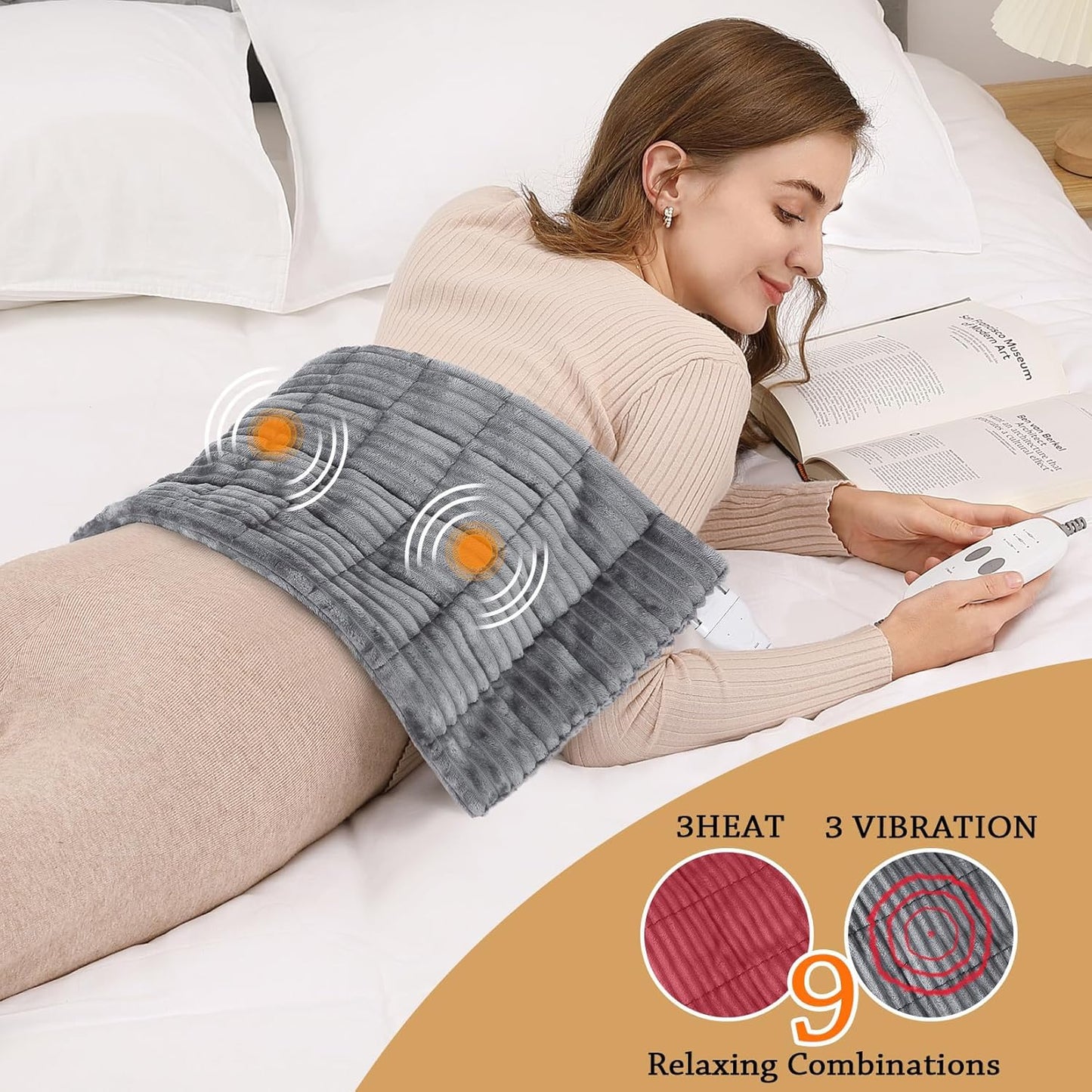 Massaging Weighted Heating Pads for Back Pain Relief and Cramps, 33''*18'' Ribs Fannel Electric Heating Pad with Massage Vibrations, 6 Settings- 3 Heat, 3 Massage- 9 Relaxing Combinations