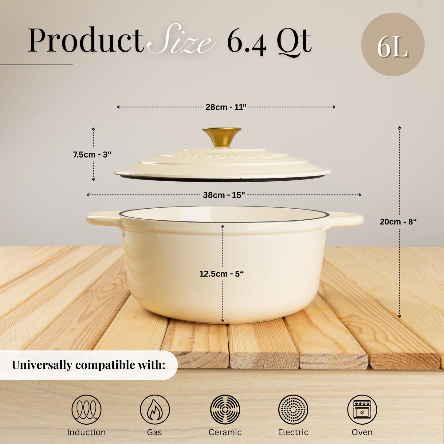 Nuovva Enamelled Cast Iron Dutch Oven Pot with Lid-6.4 Quart Non Stick Casserole Pot-Heavy Duty & Oven Safe up to 500° for Bread Baking, Braising, Stews, Roasting - 28cm Cream