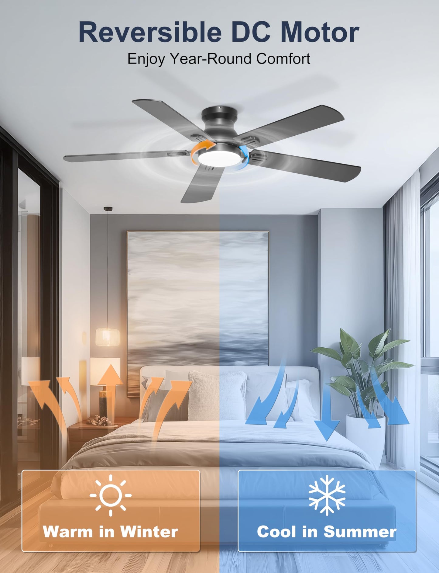 Phylluz 52'' Flush Mount Ceiling Fan with Lights, Space-Saving Low Profile for Low Ceilings, App/Remote Control, Safe Quiet DC Motor for Bedroom Living Room, Dimmable, Black