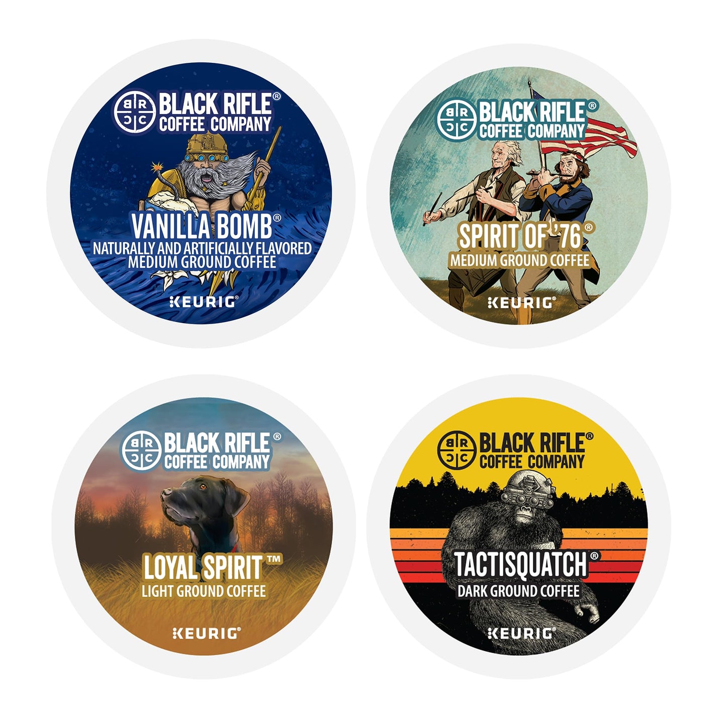 Black Rifle Coffee Flavored Variety 48 Pods - Loyal Spirit (Light Roast), Vanilla Bomb & Spirit of 76' (Medium Roast), Tactisquatch (Dark Roast) - K Cups Coffee Variety Pack