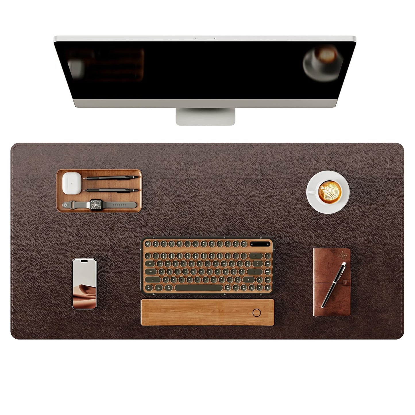 YSAGi Genuine Leather Desk Mat, 35.4"X17" Office Desk Pad, Thick Premium Table Pad with Stitched Line, Non-Slip Laptop Writing Pad with Rubber Base (Dark Brown, 35.4"X17")