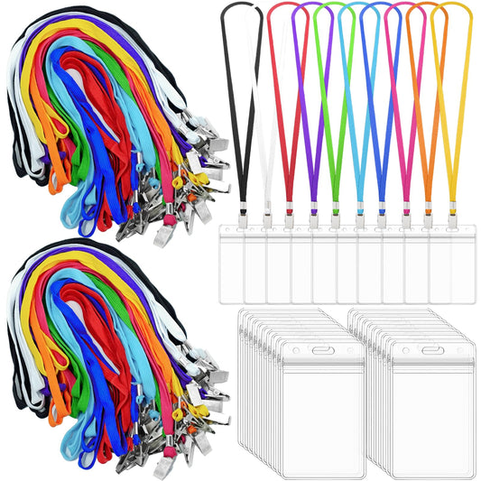 400 Pack Colored Neck Lanyard Bulk with ID Card Holder Lanyards for ID Badges Vertical Name Badge ID Card Holders Flat Neck Lanyards with Clip for Nurses Teacher Students, Multicolor