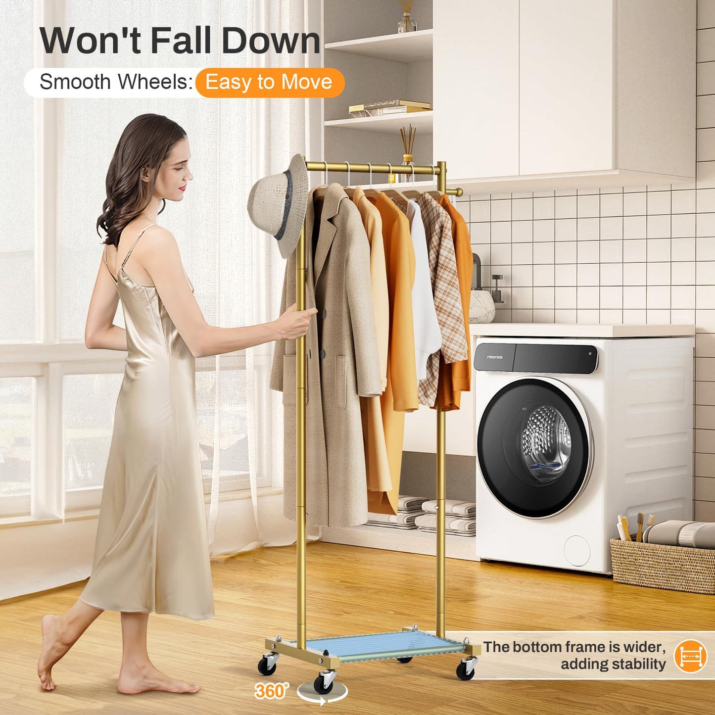 MISSLO Small Clothes Racks for Hanging Clothes Clothing Rack with Wheels 60" Garment Rack with Shelves Portable Rolling Wardrobe Rack for Small Space (Gold)