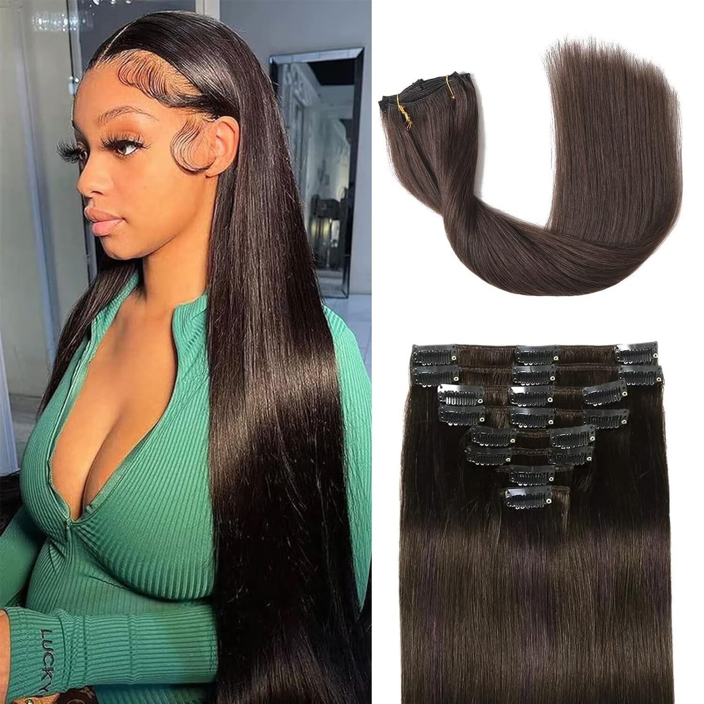 Tebelove Clip in Hair Extensions Real Human Hair 3.6oz/100g Clip ins 100% Brazilian Remy Human Hair Extension for Women 8pcs Per Set with 18 Clips Double Weft (16 Inch #2 Dark Brown)