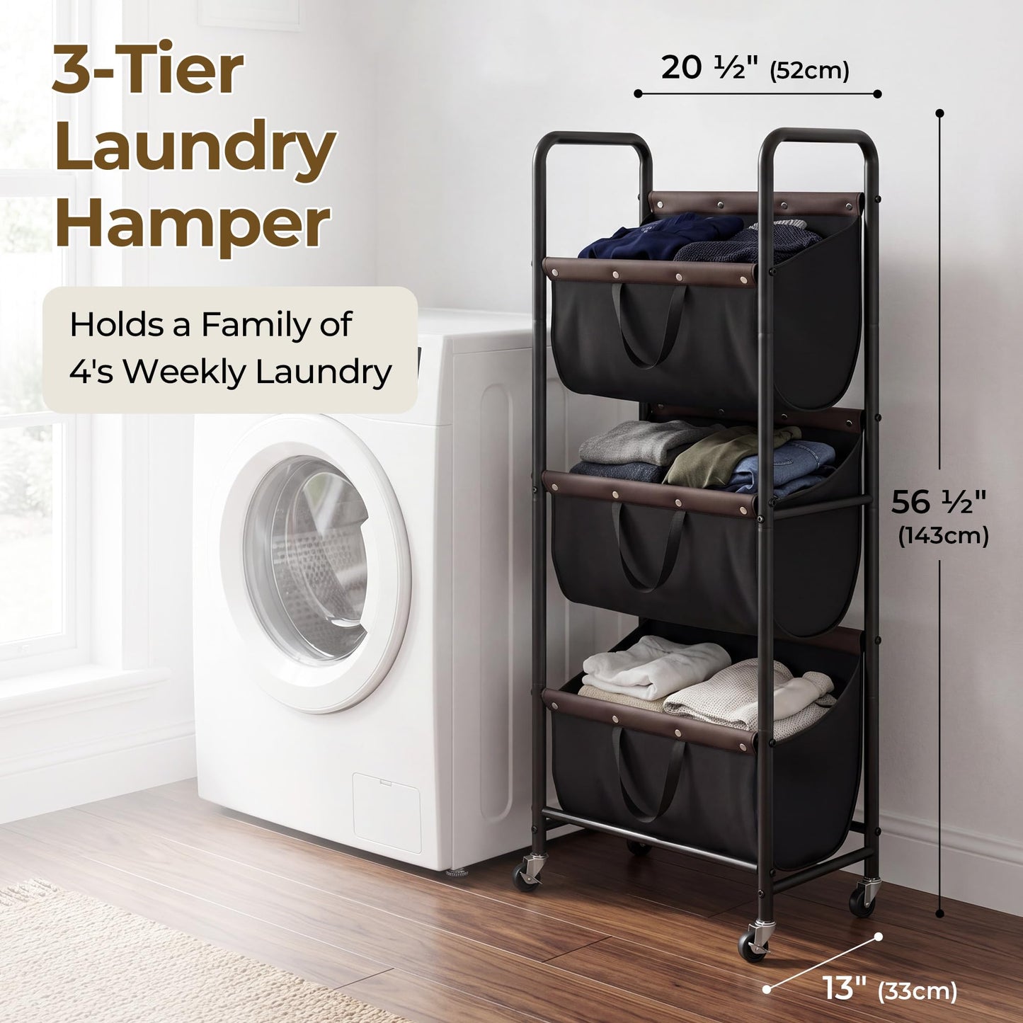 GRANNY SAYS 3 Section Tiered Laundry Sorter, Slim Vertical Laundry Hamper with Wheels, Narrow Rolling Laundry Cart with Removable Bags for Laundry Room, Bathroom, Closet, Dorm, Black