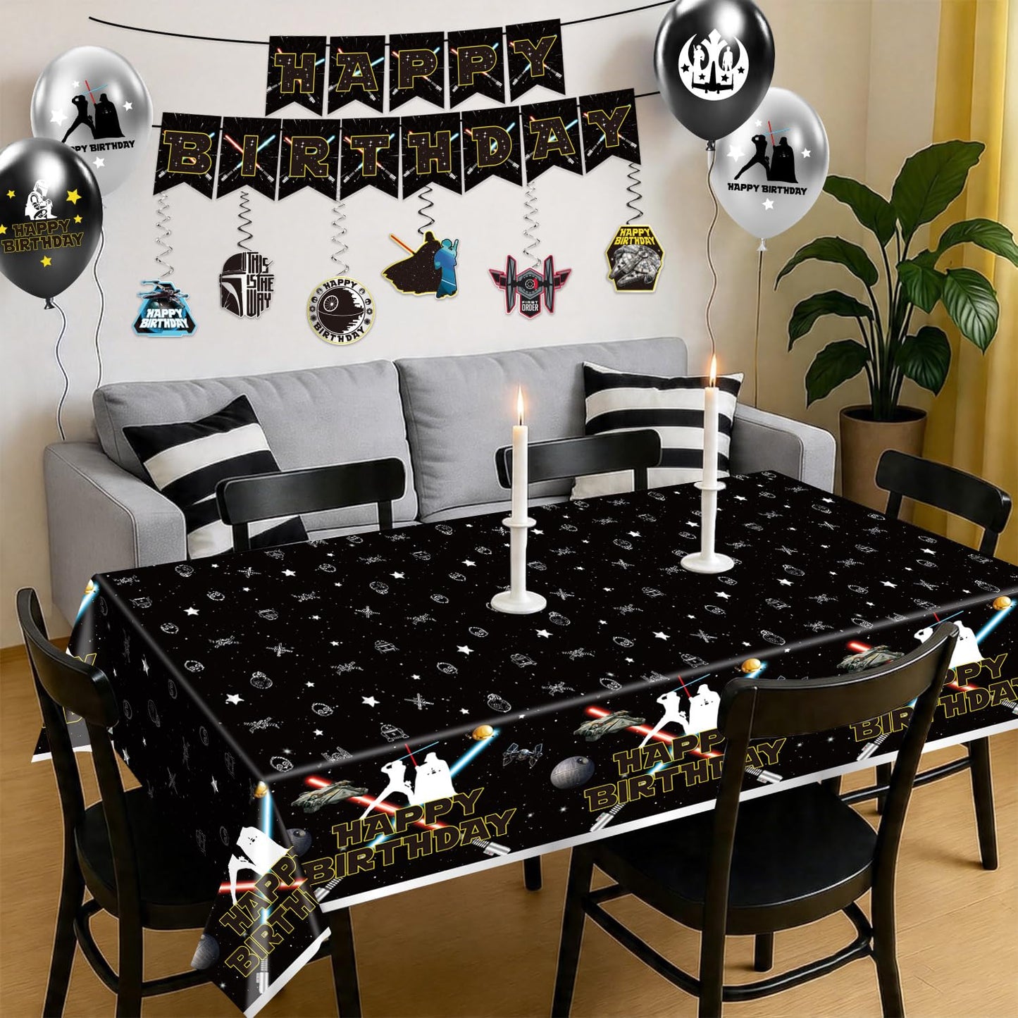 140 Galaxy Wars Birthday Party Decorations, All-in-One Party Supplies Set with Banner, Plates, Cups, Napkins, Balloons, Tablecloth, Hanging Swirls Stickers,Cake Topper,Star Theme Party Tableware Kit