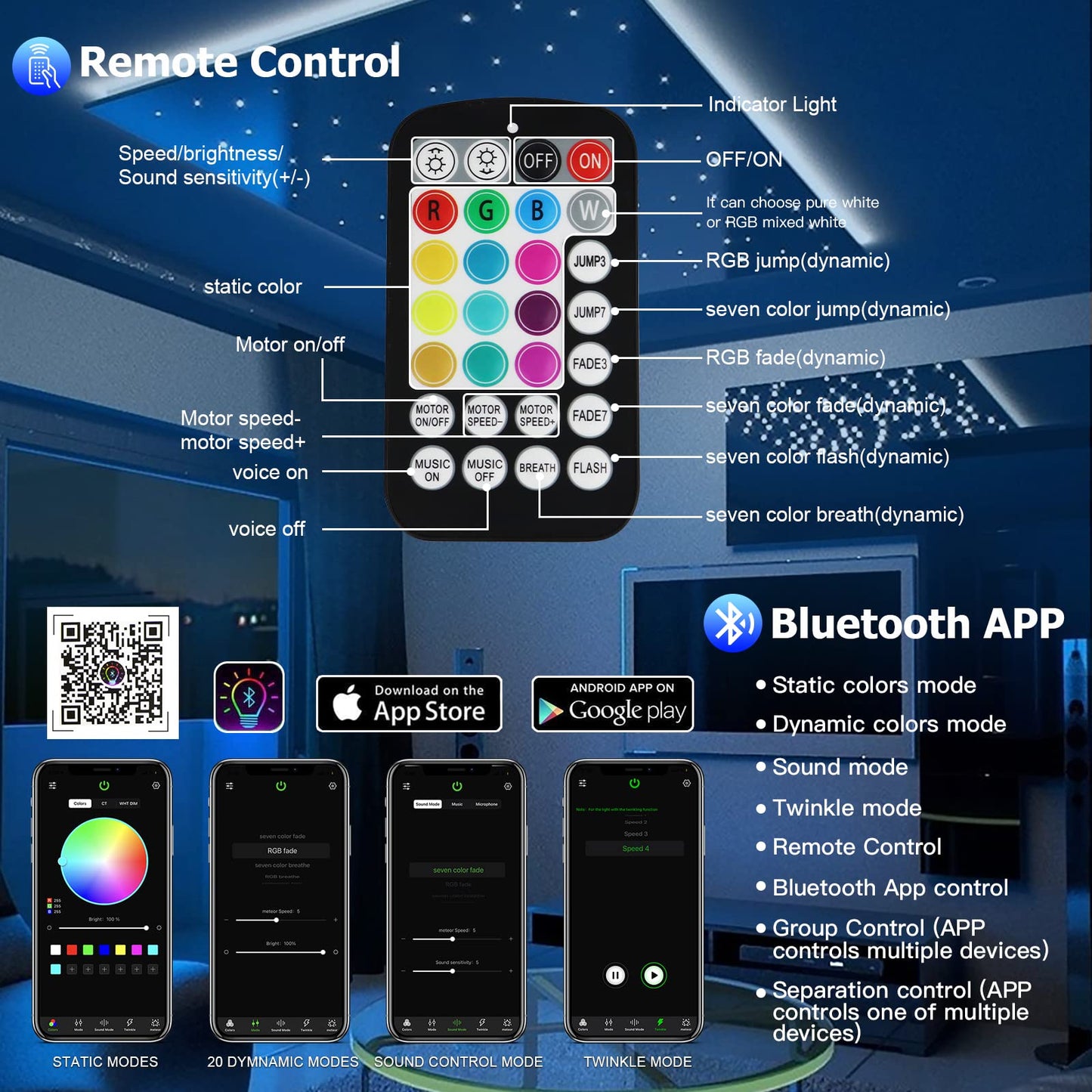 AMKI Updated 16W Starlight Headliner Kits 650pcs 0.03in 9.8ft Twinkle + Music Mode Mixed APP Remote Sound Control Car Home RGBW Fiber Optic Light Star Ceiling Light Kit