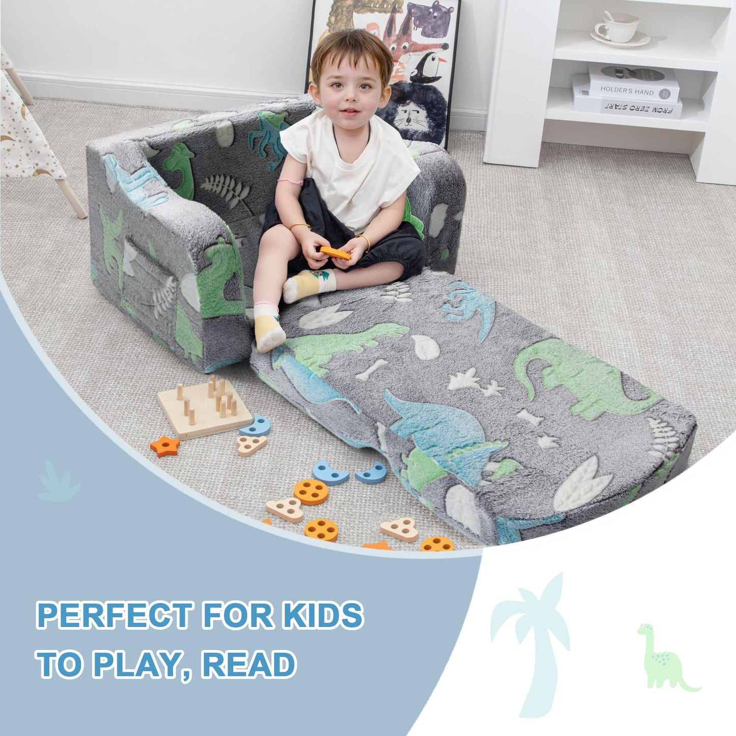 Airpanda Comfy Kids Chair and Couch with Blanket,2-in-1 Soft Fold Out Couch for Girls and Boys,Convertible Sofa Chair for Playroom,Gray Dinosaur