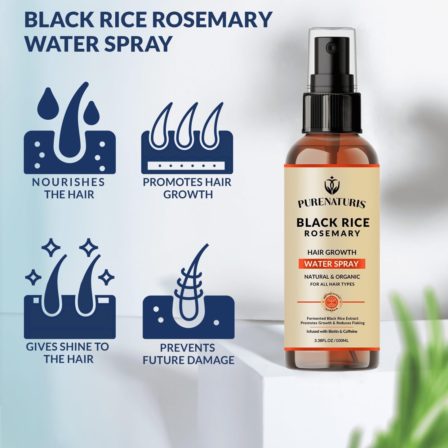 Organic Rosemary Black Rice Water Shampoo Conditioner Set for Hair Growth, Rice Water Spray, w/Rosemary Water, Biotin, Caffeine, Routine Shampoo for Women Men Hair Loss Thickening, Longer