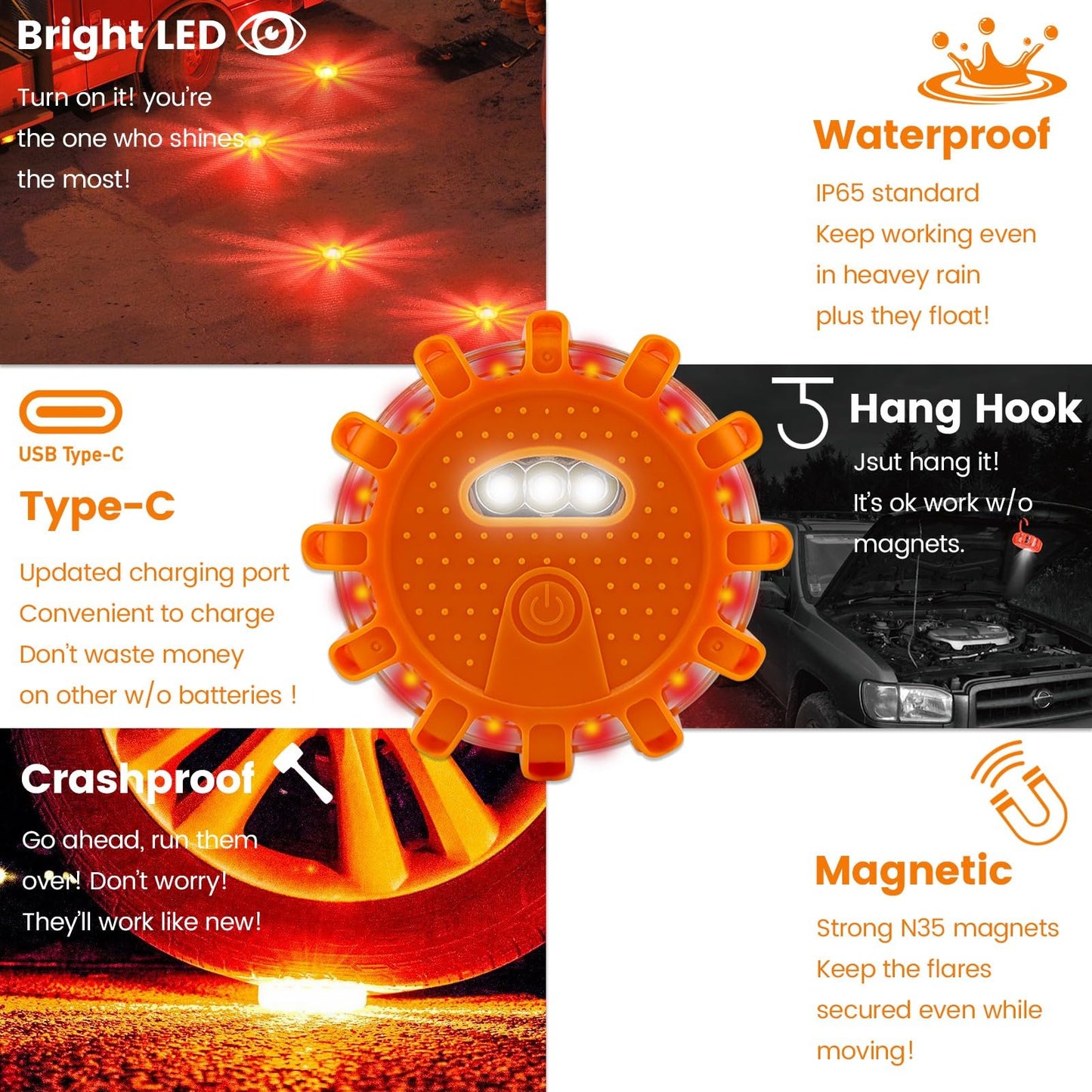 Ecoangel USB-C Rechargeable LED Road Flares Emergency Lights-Large Capacity (Lithium Battery) 3 in 1 Cable Roadside Warning Car Safety Beacon Flashing Disc Flare Kit with Magnetic Base for Vehicles