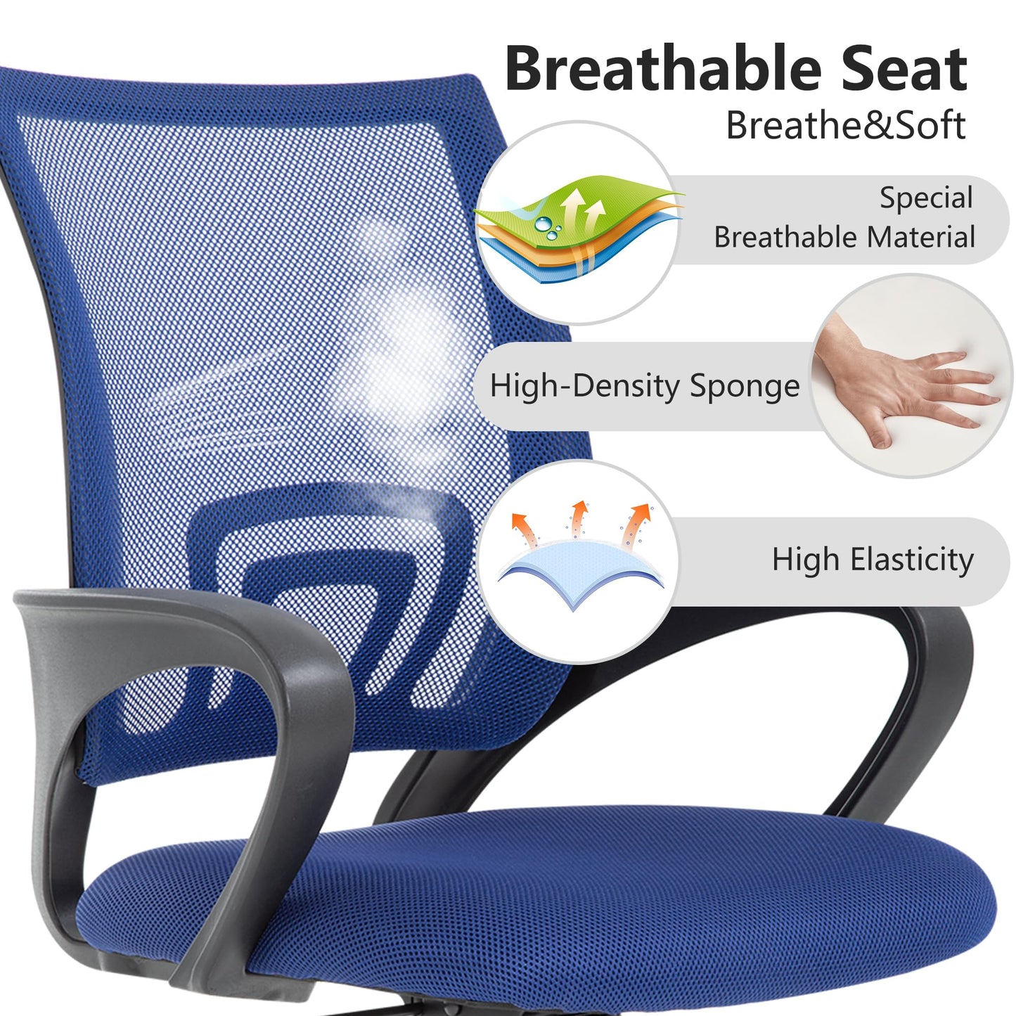 BestOffice | Ergonomic Office Chair | Mid-Back Swivel Desk Chair | Breathable Backrest & Lumbar Support | Adjustable Height | Sponge Seat | Rolling Wheels | Dark Blue | for Adults & Women