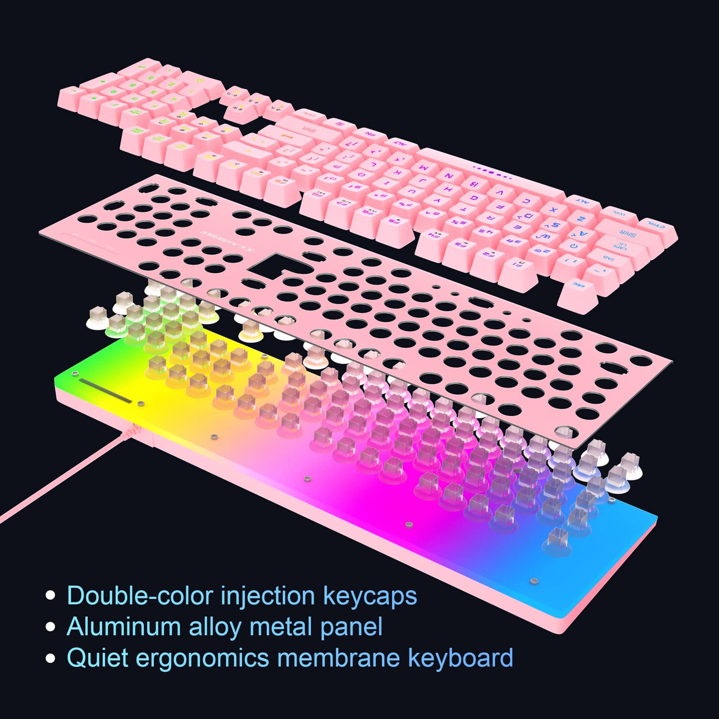 MageGee Gaming Keyboard and Mouse Combo, True RGB Backlit Membrane Office Keyboard Mouse, 104 Keys Anti-Ghosting Metal Panel Quiet Wired Keyboard for Windows Laptop PC Gamer- Pink