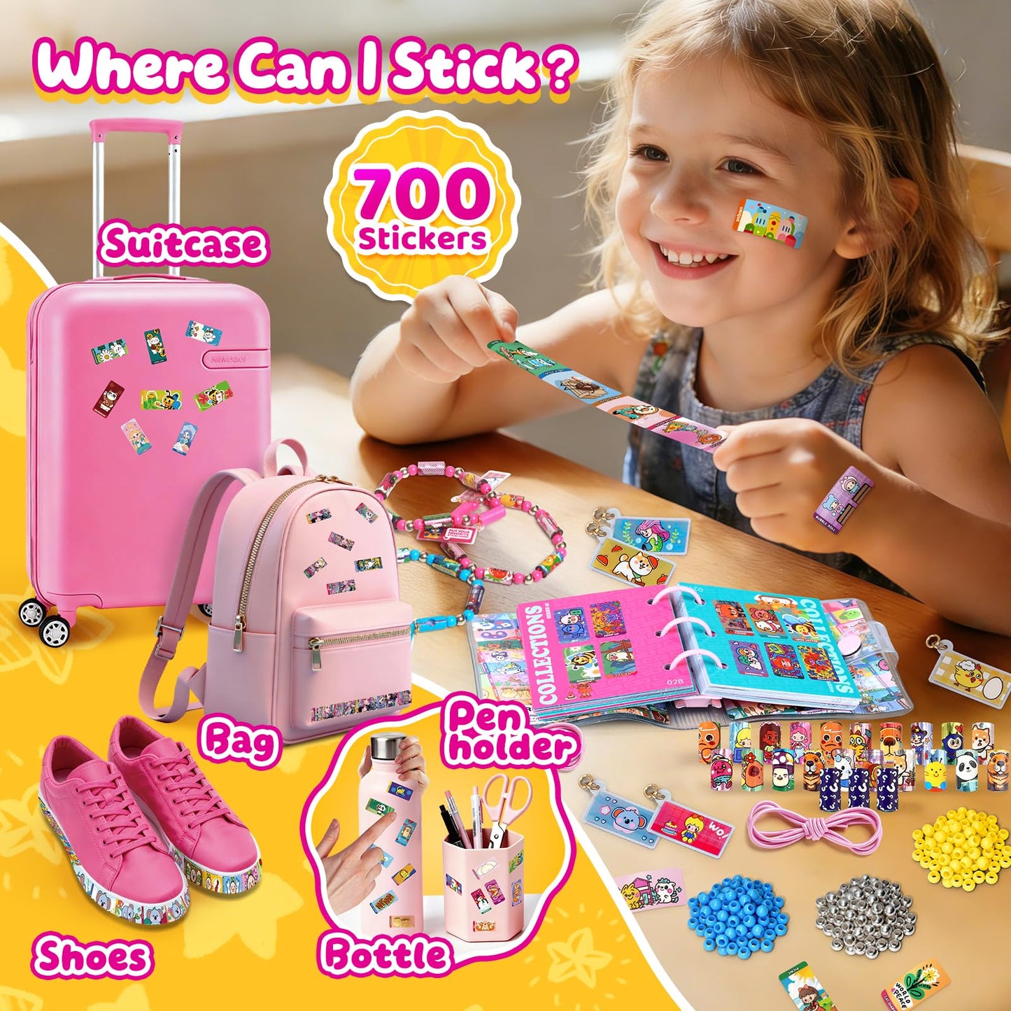 jhtigre Sticker Bracelet for Kids,Bracelet with 700pcs Shareable Sticker 14 Fun Pendants & Collection Book,Arts and Craft Stickers for Girls Birthday Gift, Jewelry Making Bracelets Kit