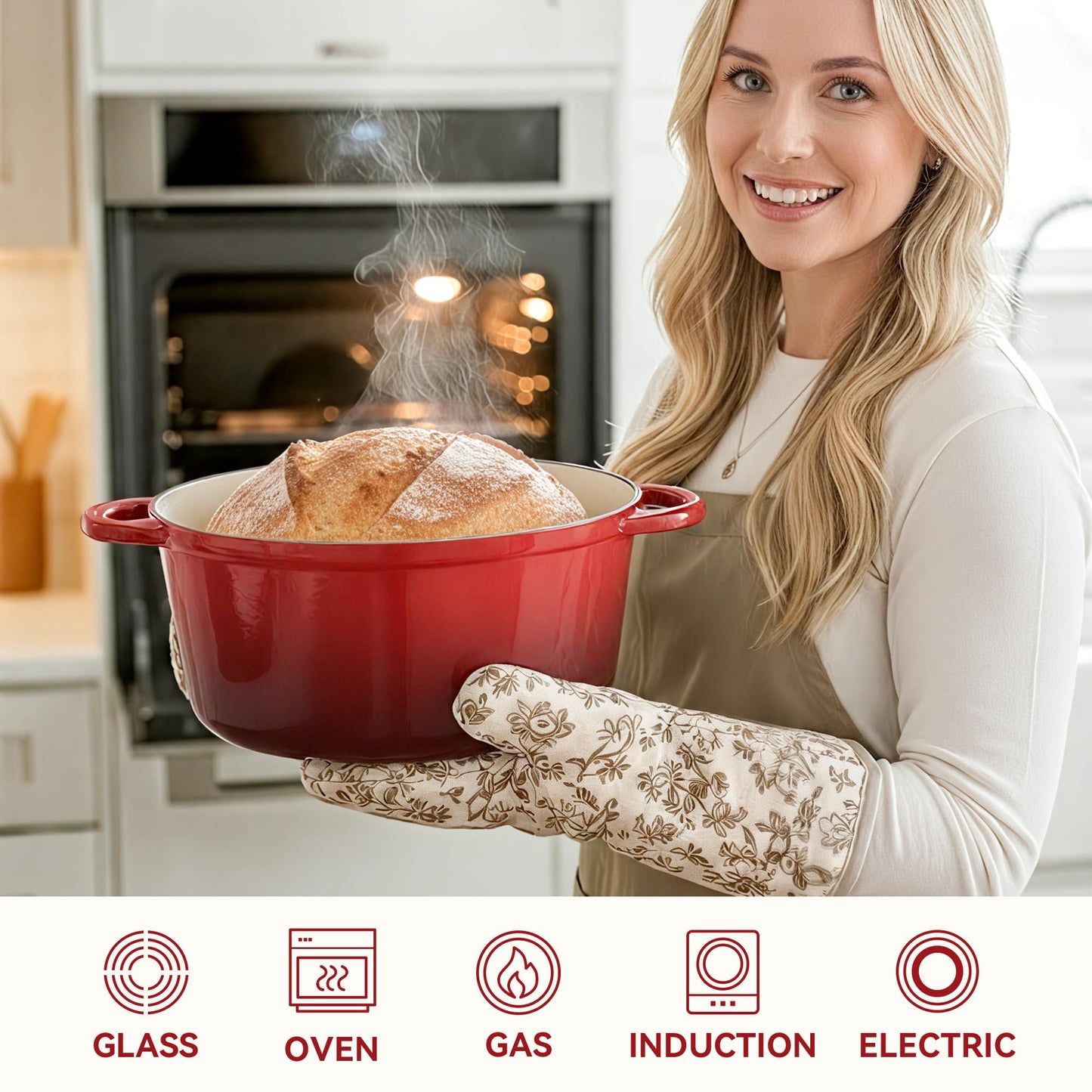 6 Quart Dutch Oven Pot with Lid, Non Stick Enameled Cast Iron Dutch Oven for Bread Baking, Heavy-Duty, Oven Safe Ceramic Cookware Up to 500°F for Baking, Braising, Stews, Roasting, Red