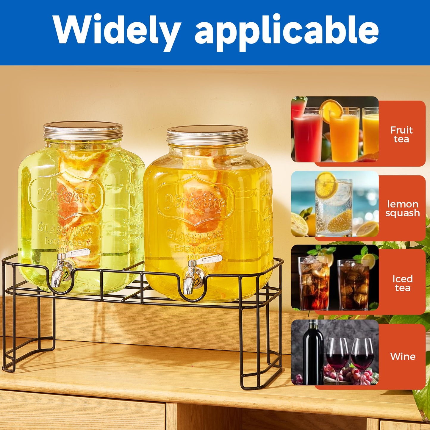1.5 Gallon Glass Drink Dispensers for Parties, 2PACK Beverage Dispenser with Stand, Ice Cylinder and Stainless Steel Spigot 100% Leakproof, Beverage Dispenser for Lemonade Sun Tea