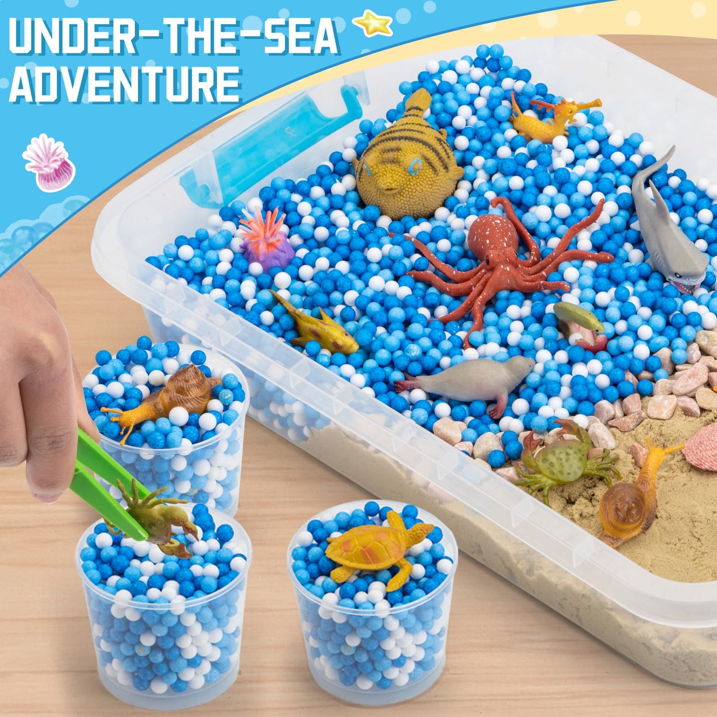 Ocean&Sand Sensory Bin with Lid, 42 Pcs Sensory Sand Kit with Sea Animals for Kids, Birthday Christmas Gifts for Boys Girls, Preschool Learning Activities Tools Box, Outdoor Sandbox Toys for Kids
