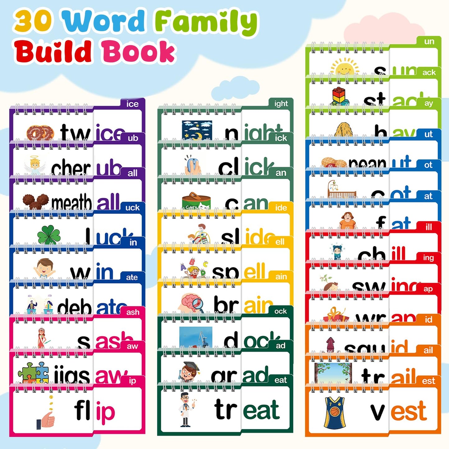 Word Family Build Book, 30 Read and Rhyme Flip Activity Book, ABC Vocabulary Flash Cards CVC Words Reading Games for Kids Ages 4-8 Preschool Learning Activities Families Educational Games