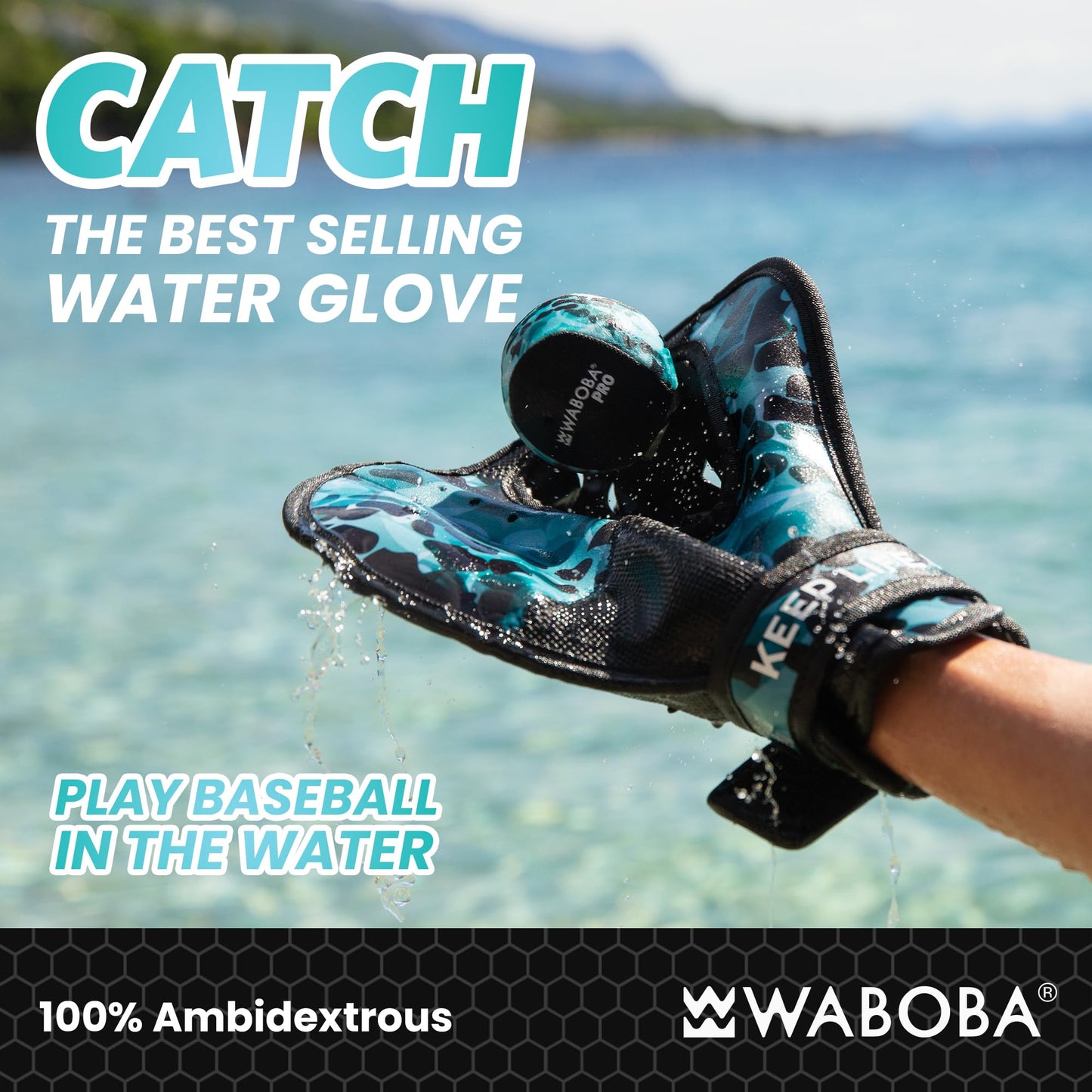 Waboba Catch Water Gloves Pro Water Bouncing Ball Set - for Beach Games & Swimming Pool Toys – 2 Baseball Style Mitts for Catching Water Balls – One Size Ambidextrous Design