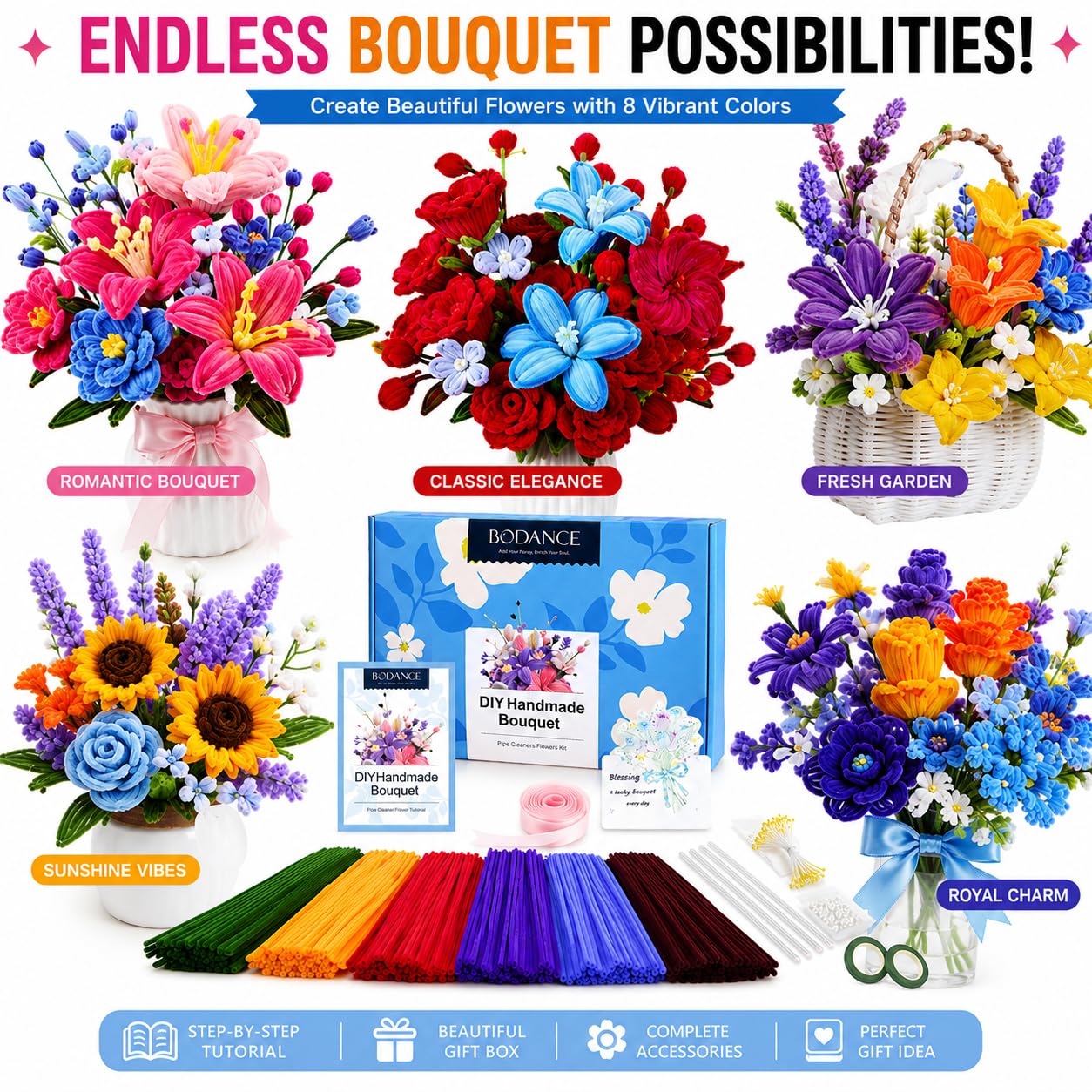 Pipe Cleaner Flower Kit, 600 PCS, 6 Deep Colors Chenille Stems