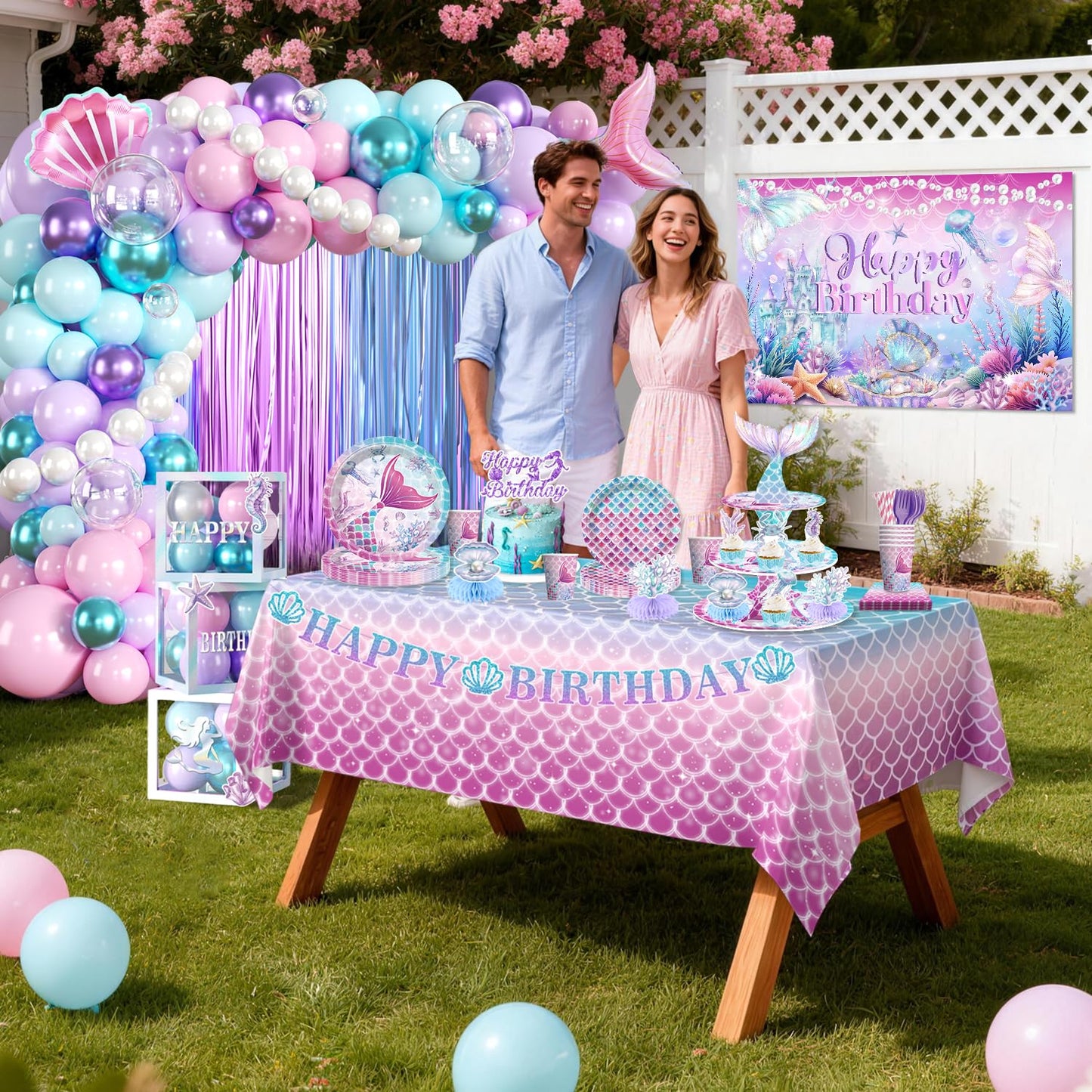 295Pcs Mermaid Birthday Decorations Serve 25, Mermaid Party Decorations Include Balloon Garland Arch, Plates, Tablecloth, Cake Topper, Cupcake Stand, Cupcake Toppers, for Under The Sea Party