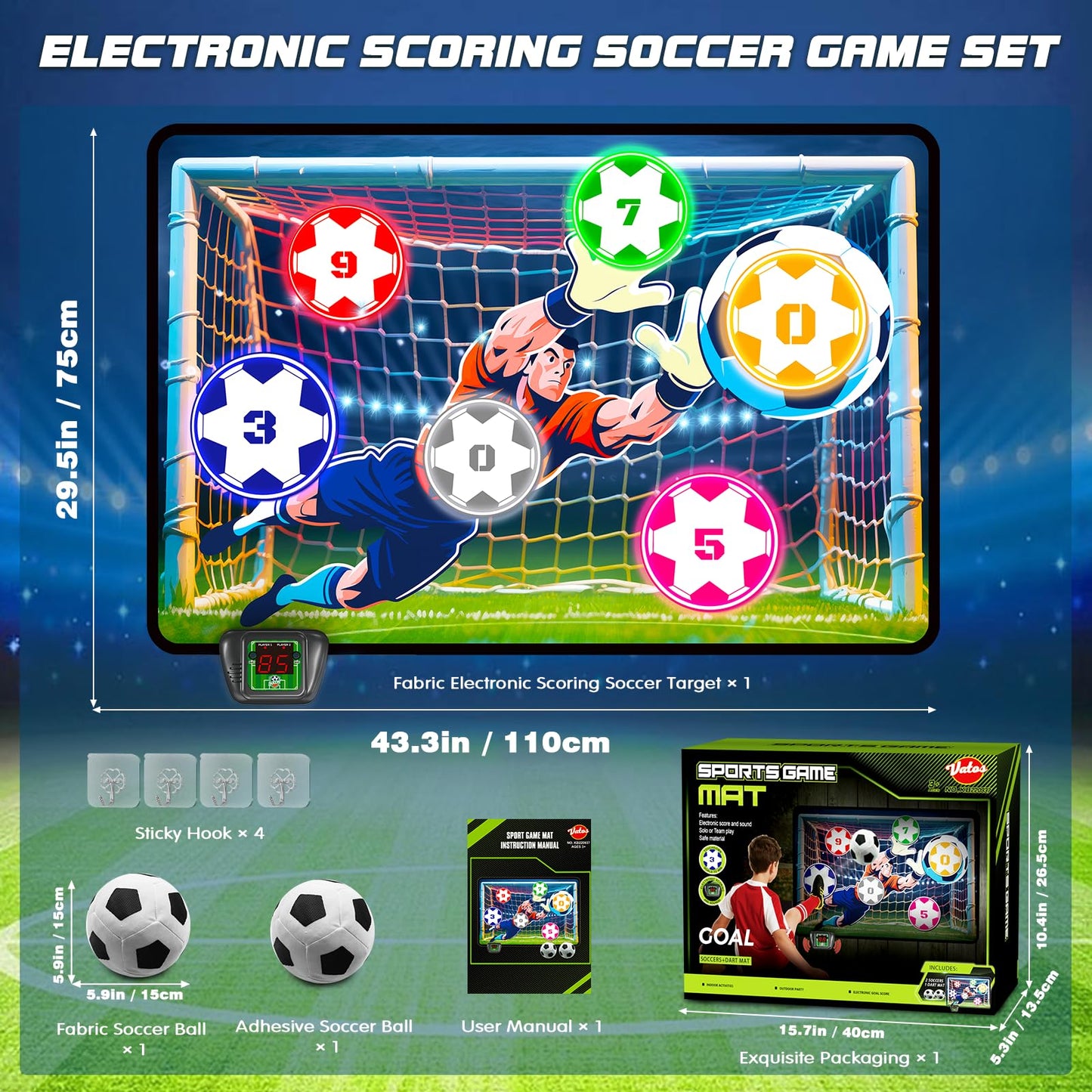 VATOS Electronic Soccer Goal with Scores for Kids, Indoor and Outdoor Football Training Goal, Fabric Goal and 2 Balls, Sports Toy for Birthday 3+ Years