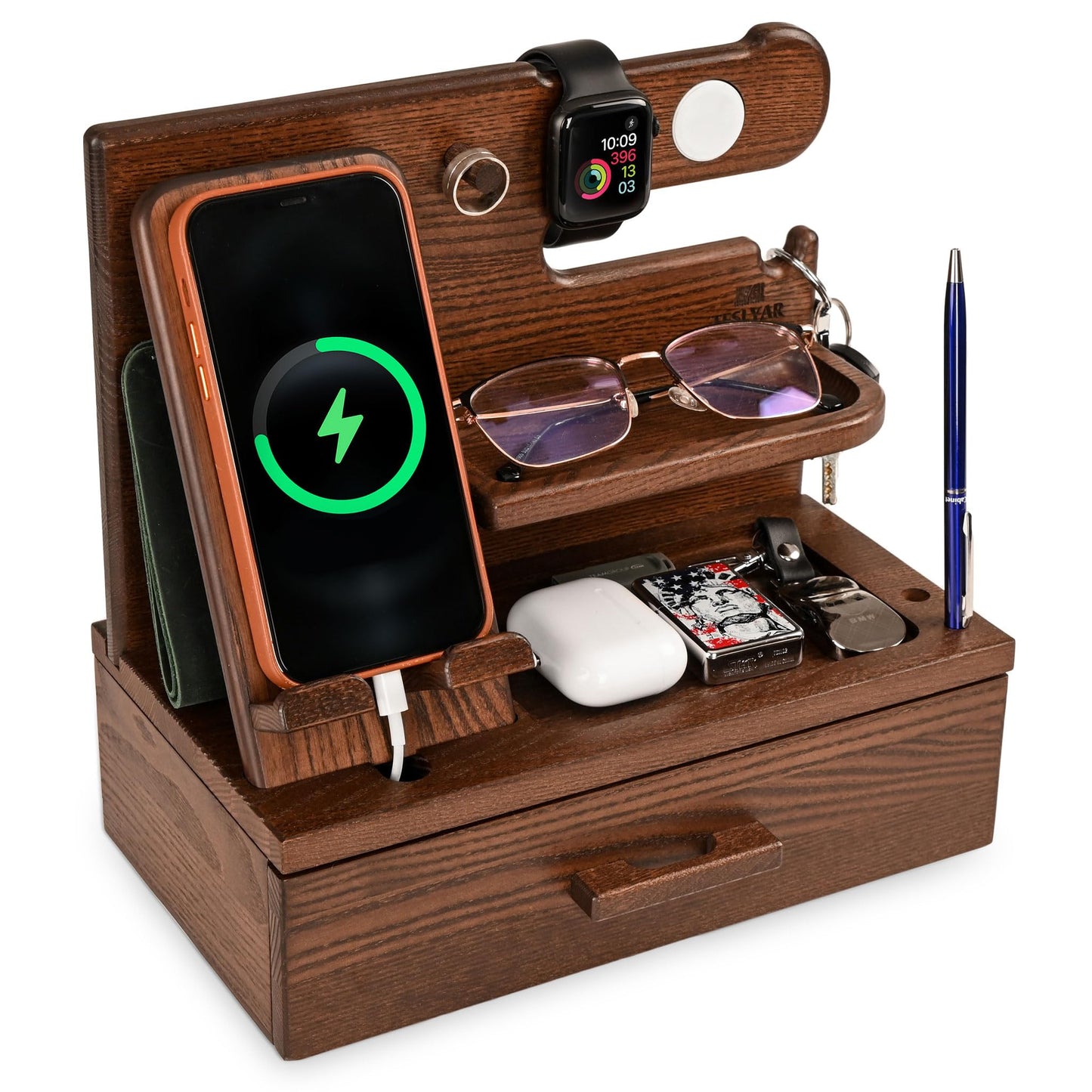 TESLYAR Wood Phone Docking Station with Drawer - Nightstand organizer- Desk Organizer for Husband - Birthday gifts for Men or Dad - Idea for Anniversary - Key Holder Stand Watch & Accessories (Brown)