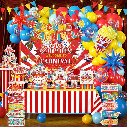 Cocomigo 302 PCS Circus Theme Party Decorations, All-in-One Carnival Theme Party Decorations Set with 25pcs Plates, Napkins, Tablecloths, Banner, Balloon Arch Circus Party Decorations for Girl & Boy