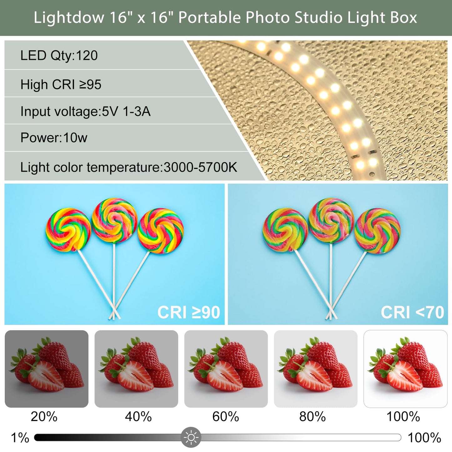 Lightdow Photo Light Box Photography - 16"x16" Light Tent with 120 LEDs, 6 Color PVC Backdrops, Folding Light Box Portable Studio Box Jewelry Products Photo Box Versatile for Beginners/Professionals