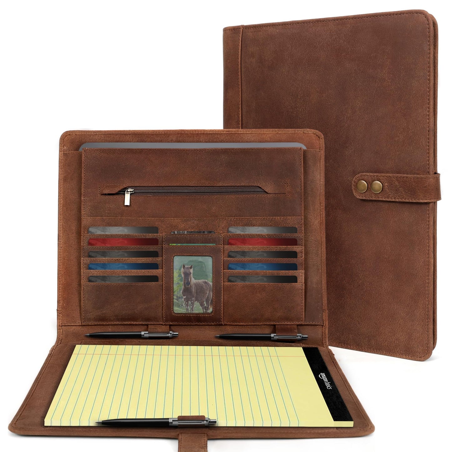 ELIZO Leather Portfolio Padfolio Leather Binder Folder for Men and Women Professional Business Portfolio Organizer Men and Women Saddle Letter Strap