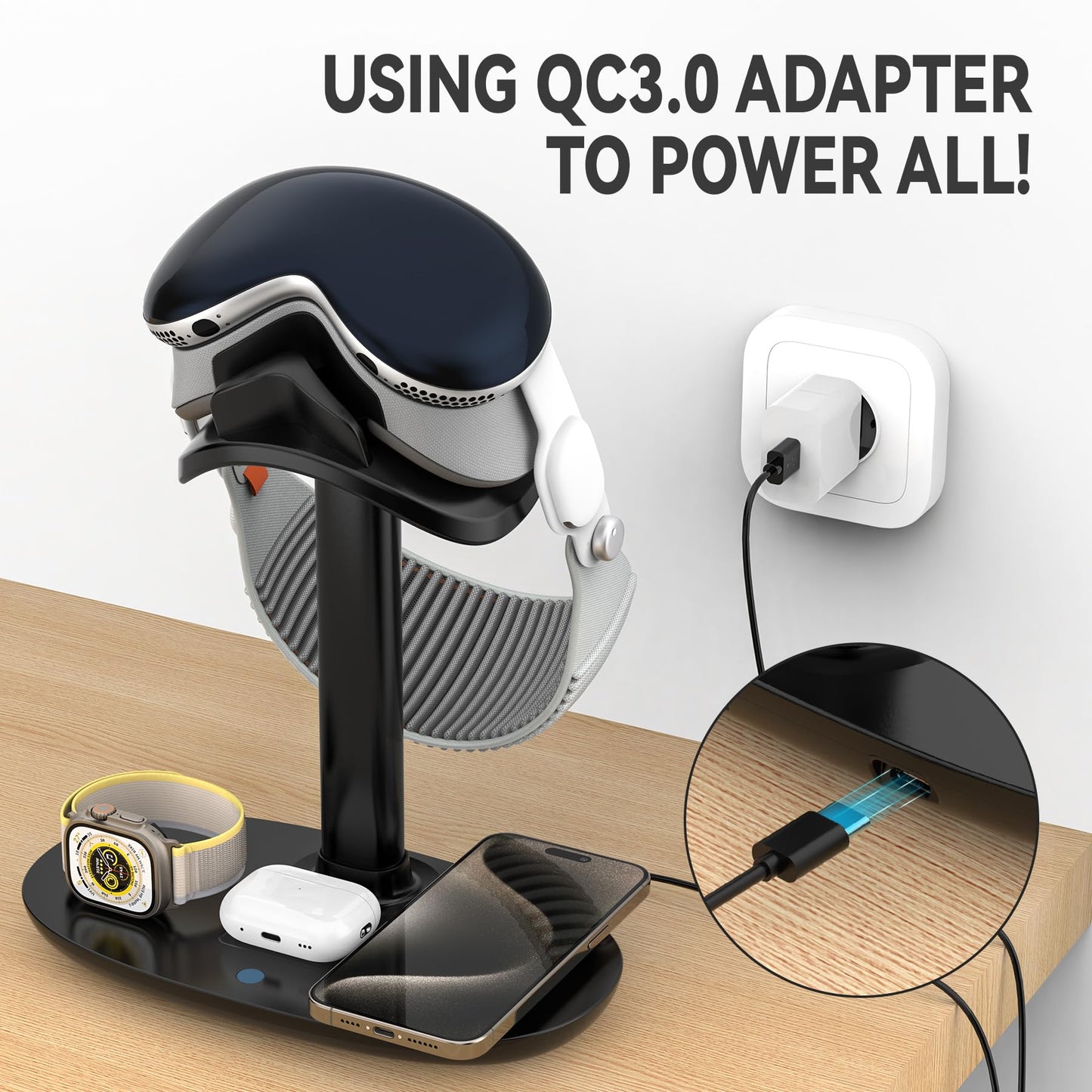 Stand for Apple Vision Pro with Wireless Charger, Suguder 4 in 1 Headphones Holder with Charging Station for AirPods Max/Pro/3/2 iWatch 10/9/8/7/6/5/4 iPhone 16/15/14/13/12 for Desktop Table Game