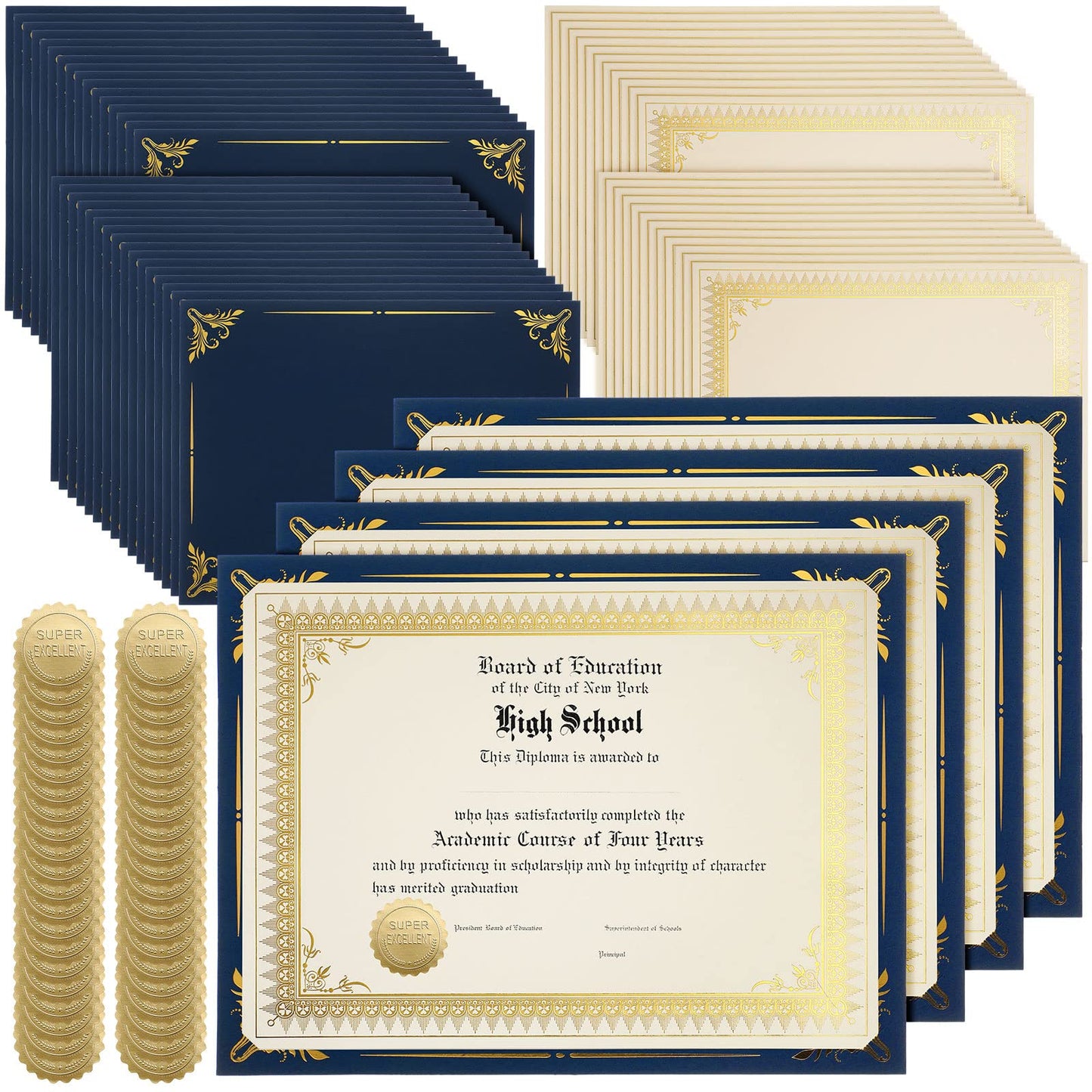 Fainne 100 Sets Certificate Paper Kit Single Sided Awards Holder with Foil Border for 8.5 X11 Certificate Covers Award Seals Stickers Diploma Covers (Navy Blue)