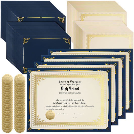 Fainne 100 Sets Certificate Paper Kit Single Sided Awards Holder with Foil Border for 8.5 X11 Certificate Covers Award Seals Stickers Diploma Covers (Navy Blue)