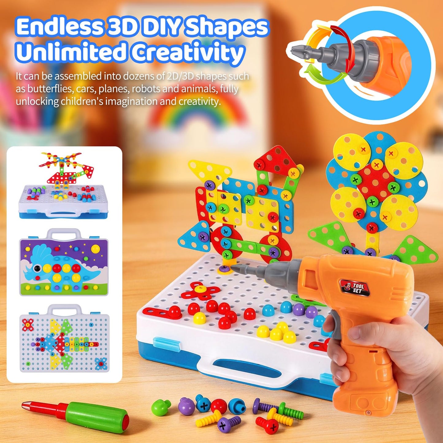224 Piece STEM Building Set for Kids, Mosaic Drill Set Creative Puzzle Toy for Boys and Girls 4 5 6 7 8 Years Old, Design Drill Game Puzzle Block for Preschool Children Gift