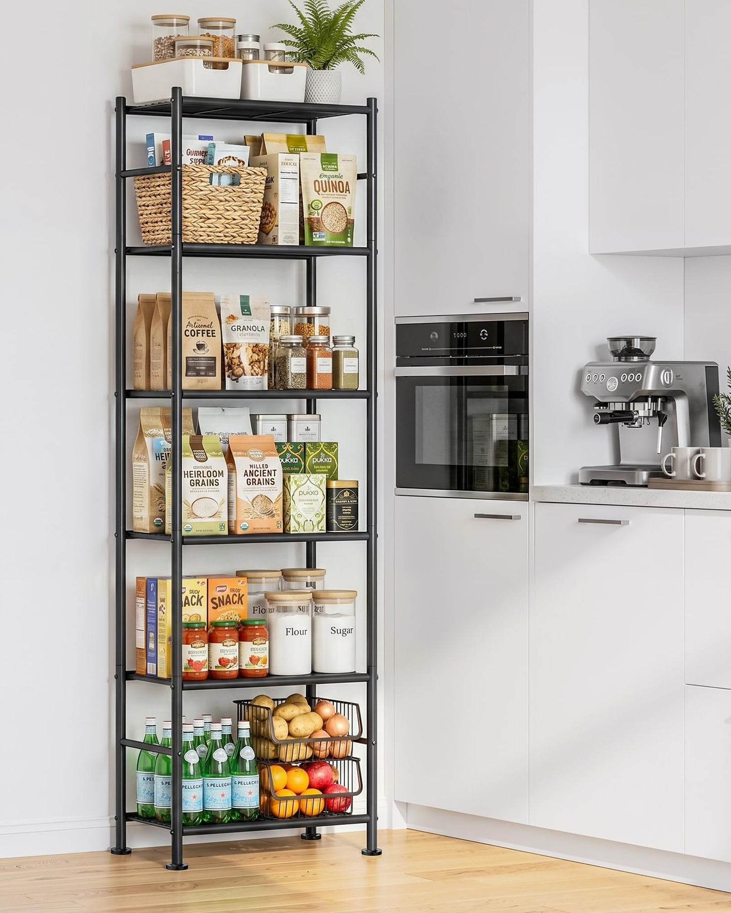 Sakugi 6-Tier Metal Storage Shelves - Slim Shelf Organizer with Reinforced Side Bars, Spacious Storage for Kitchen, Bathroom, and Laundry Room Organization, 18.2" x 12.5" x 70.1", Black
