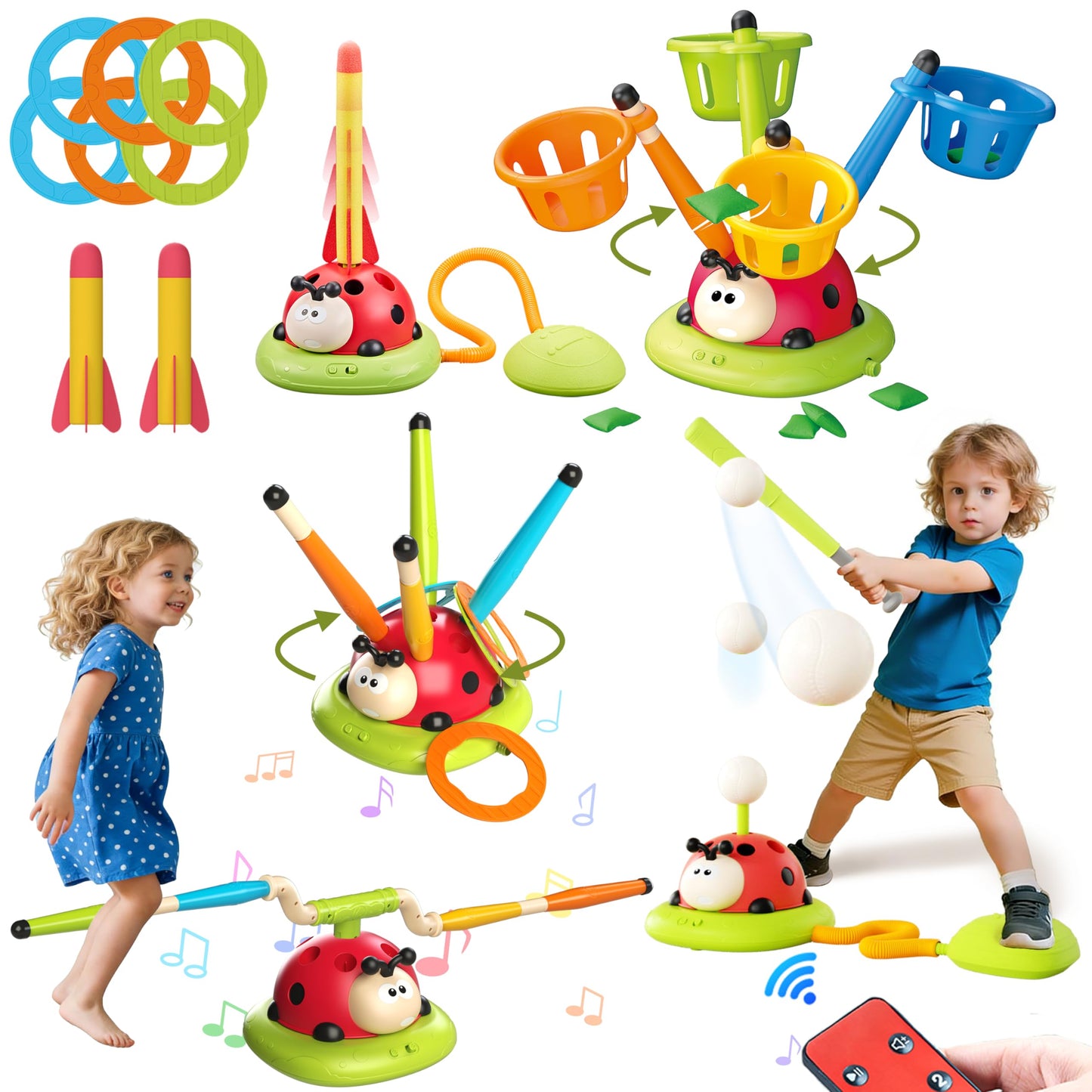 5 in 1 Musical Jump, Bean Bag Toss Ring Set, Baseball Toys and Rocket Launcher for Kids, Remote Control Indoor Outdoor Sports Toys for Kids 4-8
