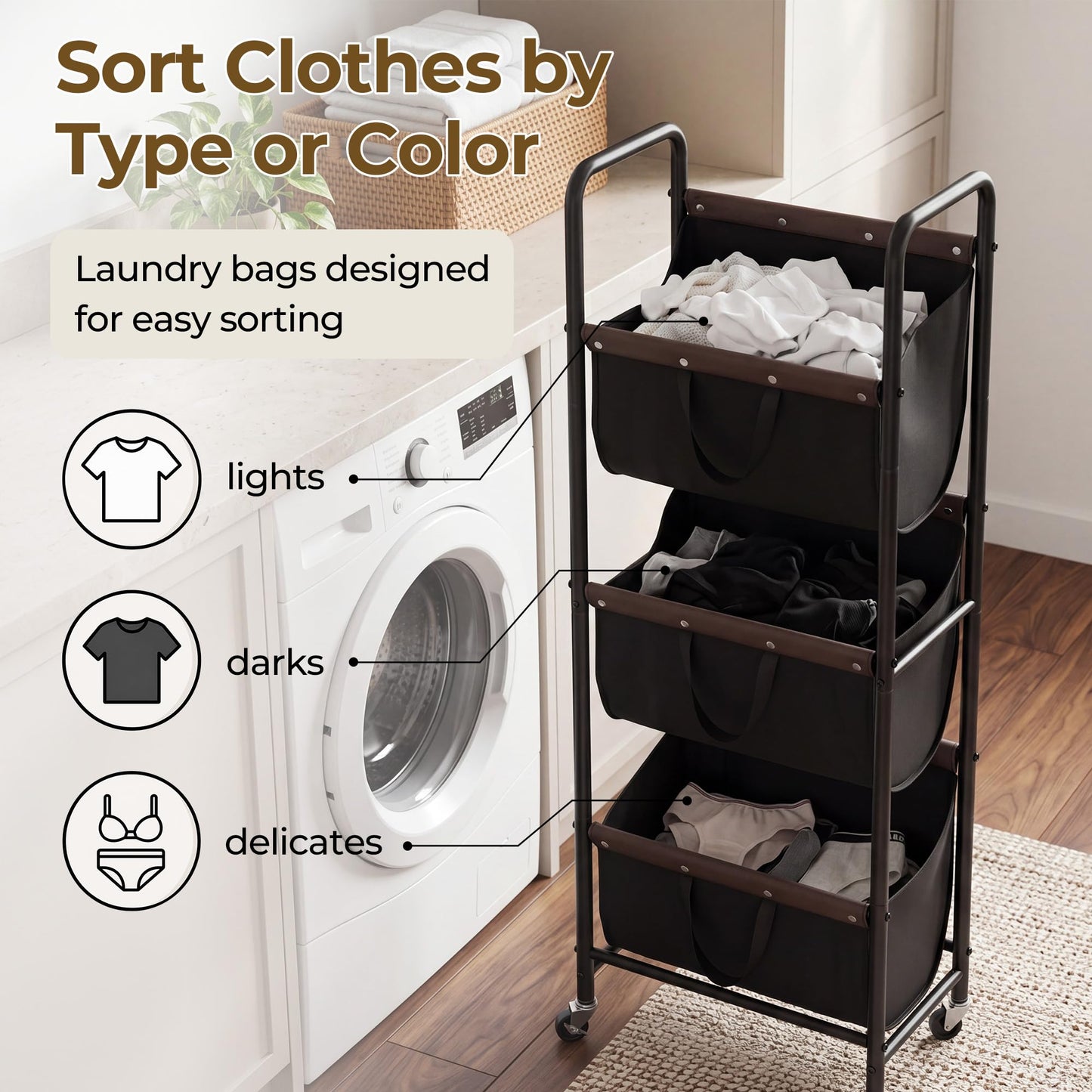 GRANNY SAYS 3 Section Tiered Laundry Sorter, Slim Vertical Laundry Hamper with Wheels, Narrow Rolling Laundry Cart with Removable Bags for Laundry Room, Bathroom, Closet, Dorm, Black