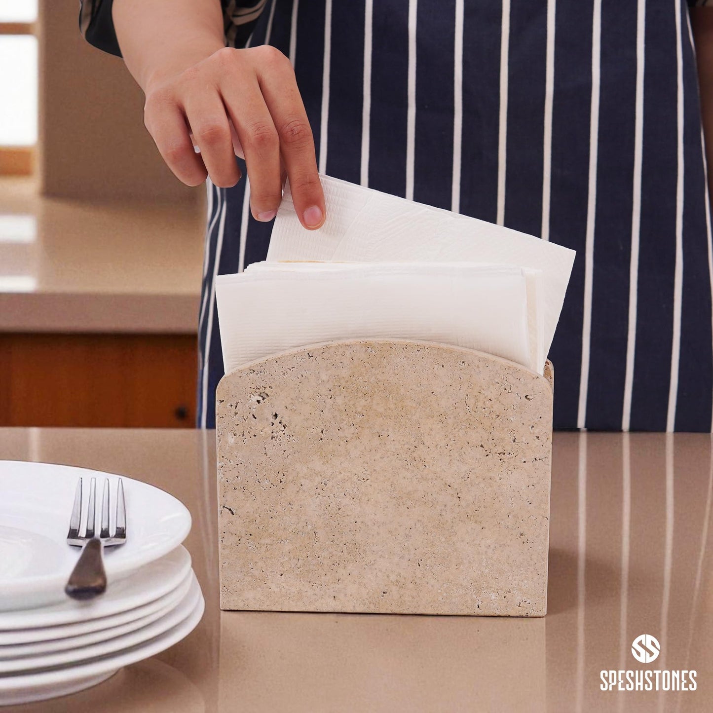 SPESHSTONES Marble Napkin Holder 6.5 Inch Handmade Travertine Napkin Holder for Table - Stone Paper Napkins Organizer for Kitchen Countertop & Bathroom Decor