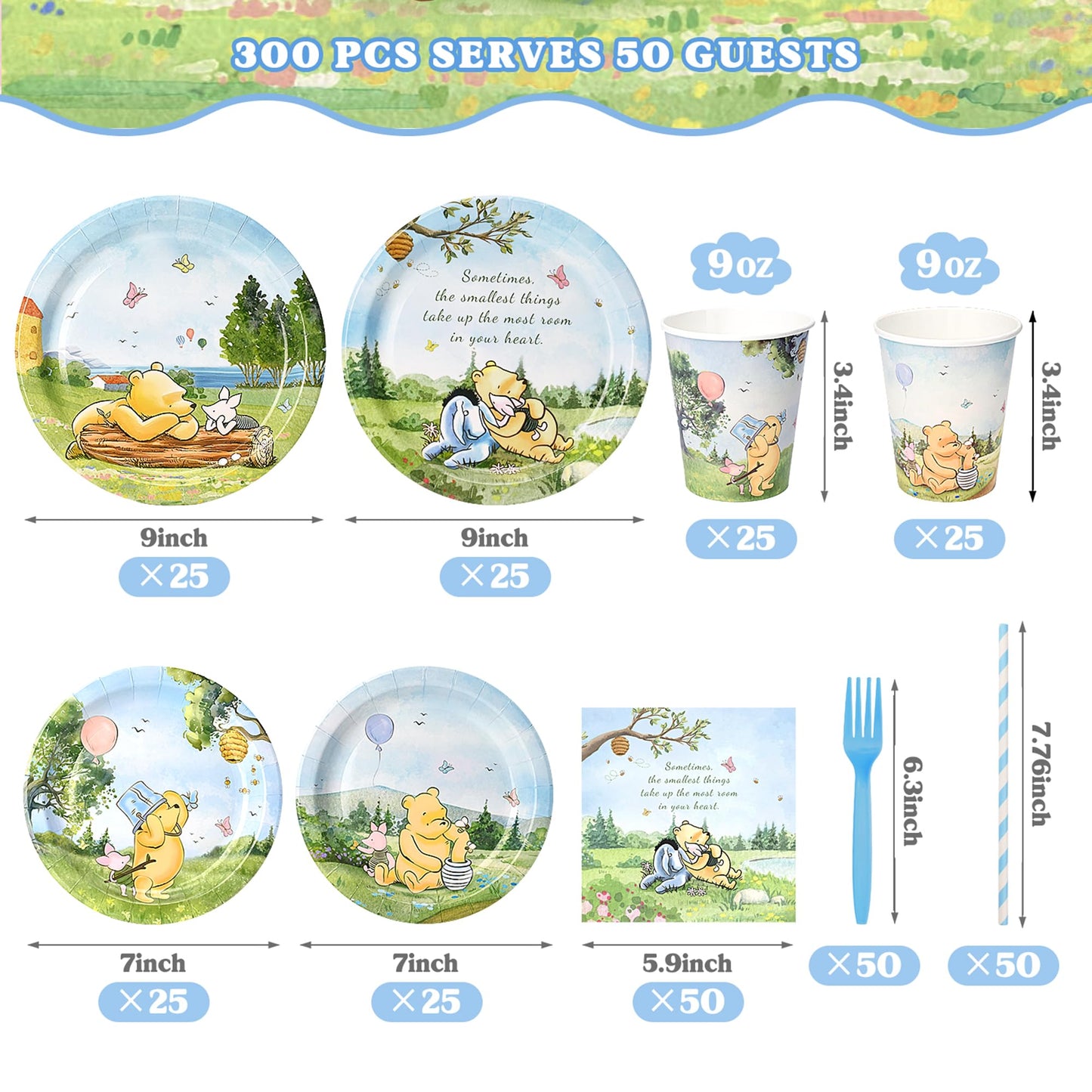 Vistico 300 Pcs Winnie Bear Baby Shower Plates and Napkins Tableware Set, Plates Napkins Cups Straws and Forks Sets, Winnie Baby Shower Decorations Birthday Party Supplies, Serves 50 Guests