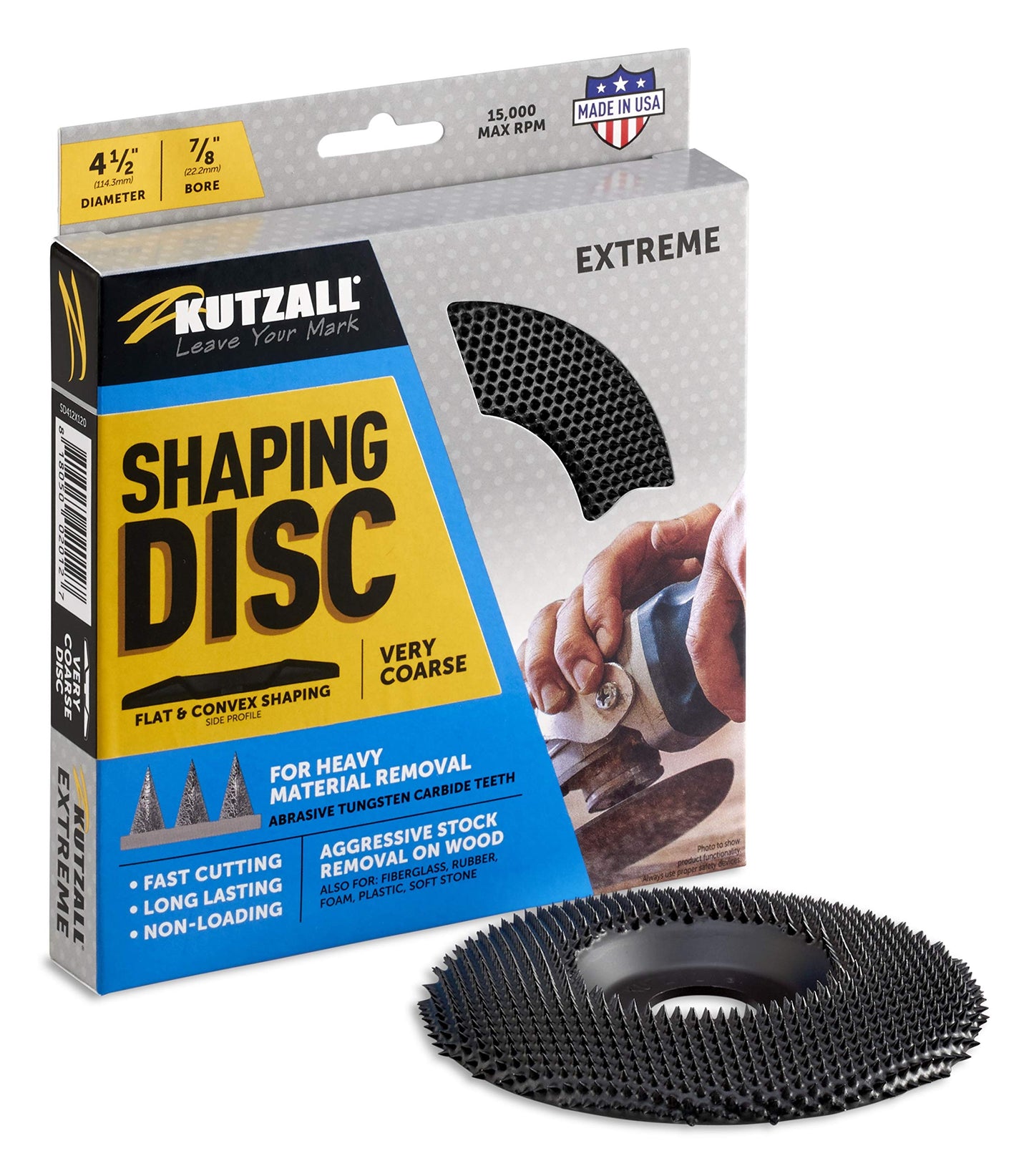 Kutzall Extreme Shaping Disc - Very Coarse, 4-1⁄2" (114.3mm) Dia. X 7⁄8" (22.2mm) Bore - Woodworking Angle Grinder Attachment for DeWalt, Bosch, Milwaukee. Abrasive Tungsten Carbide, SD412X120
