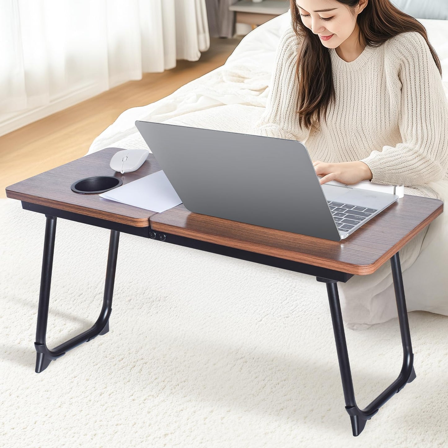 28.6" Foldable & Adjustable Laptop Bed Tray Table - Extra Large Portable Lap Desk with Phone Holder & Cup Holder, Lightweight & Sturdy for Working, Eating, Reading, Writing in Bed, Couch, Floor