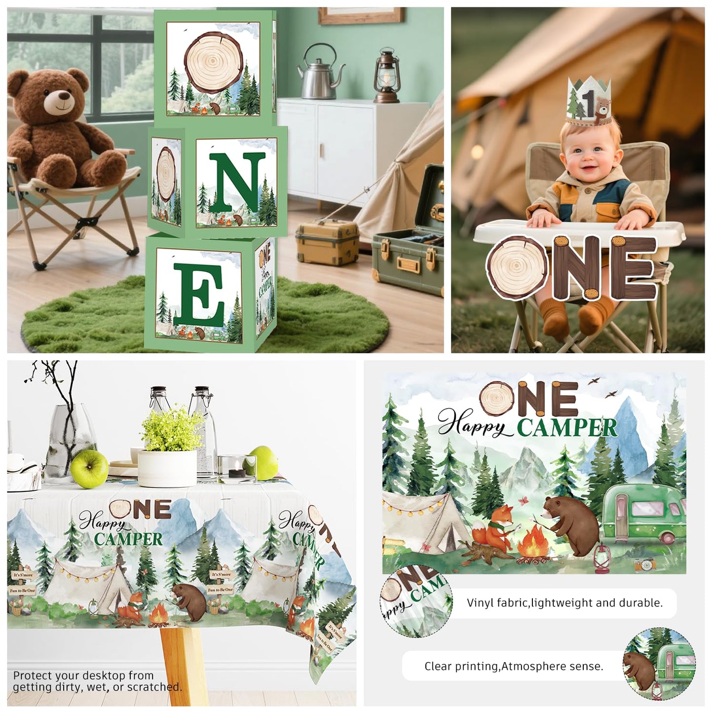 Cocomigo 248pcs Camper Birthday Decorations, All-in-One Camper Theme Party Pack with 20 Plates, Backdrop Tablecloth Balloon Arch for First Birthday Decorations for Boy, Serves 20 Guests